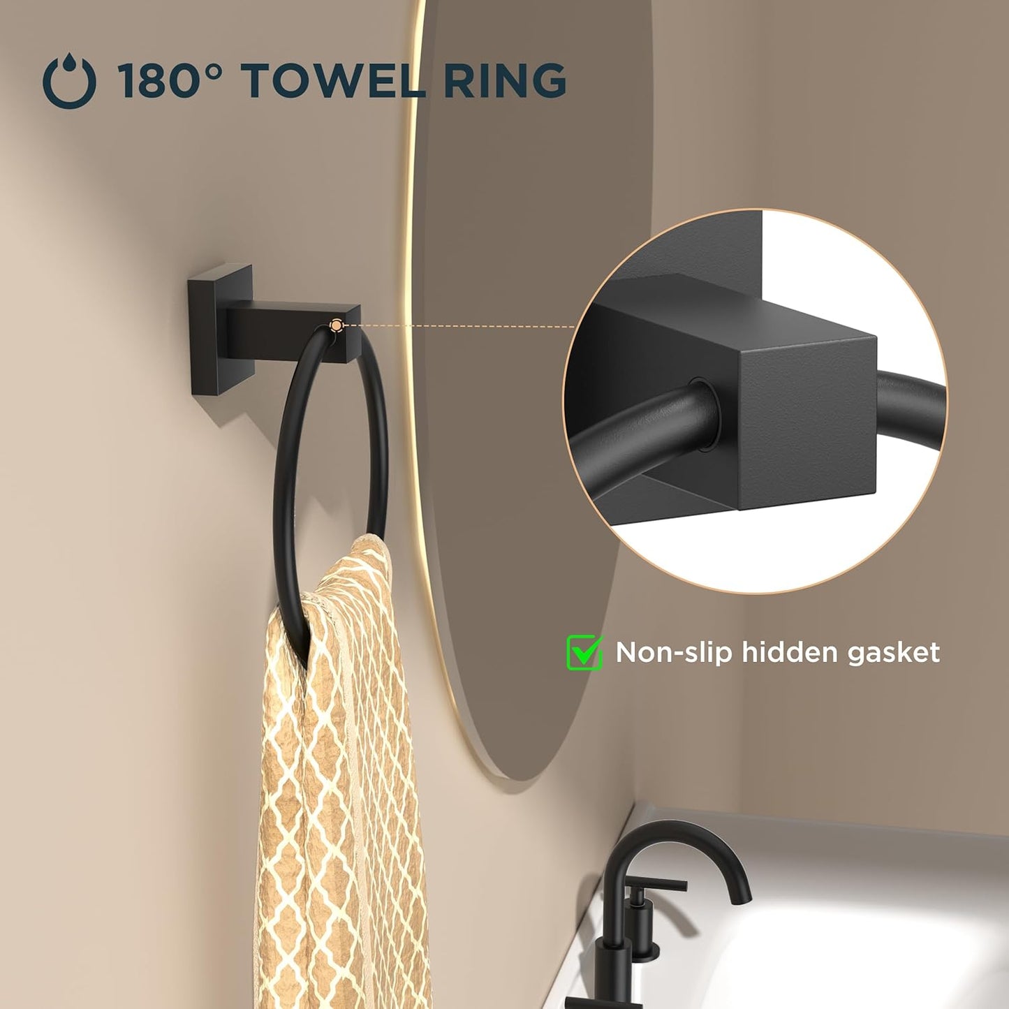 FORIOUS Toilet Paper Holder Wall Mount and Hand Towel Ring Set, SUS 304 Stainless Steel Double Post Pivoting Tissue Roll Holder, Modern Bathroom Hardware Accessories Set, Matte Black