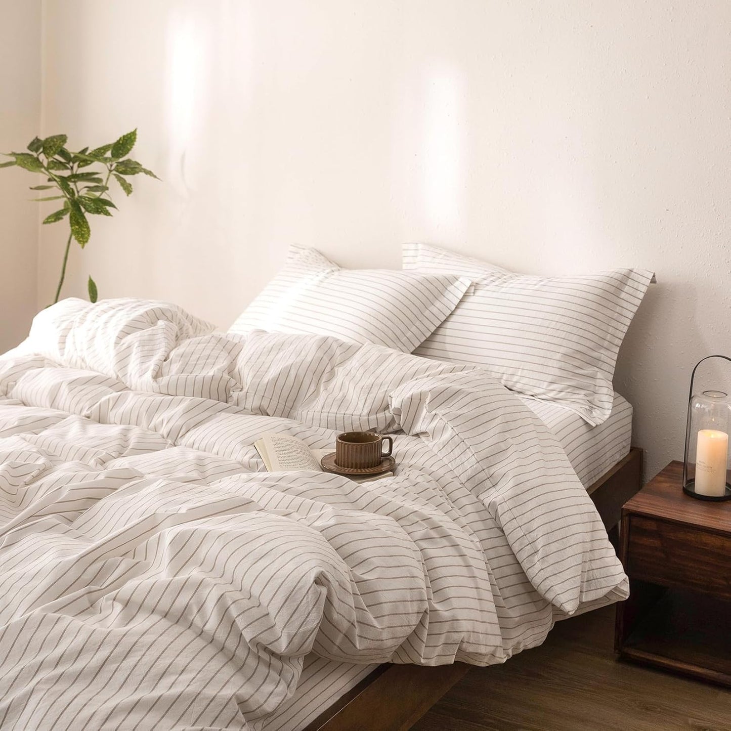 Stripe Duvet Cover Super Queen Size 98inch x 90inch,100% Washed Cotton Linen Feel Duvet Cover with Zipper Closure and 2 Pillowcases, Color of Off White-Linen Grey Stripe