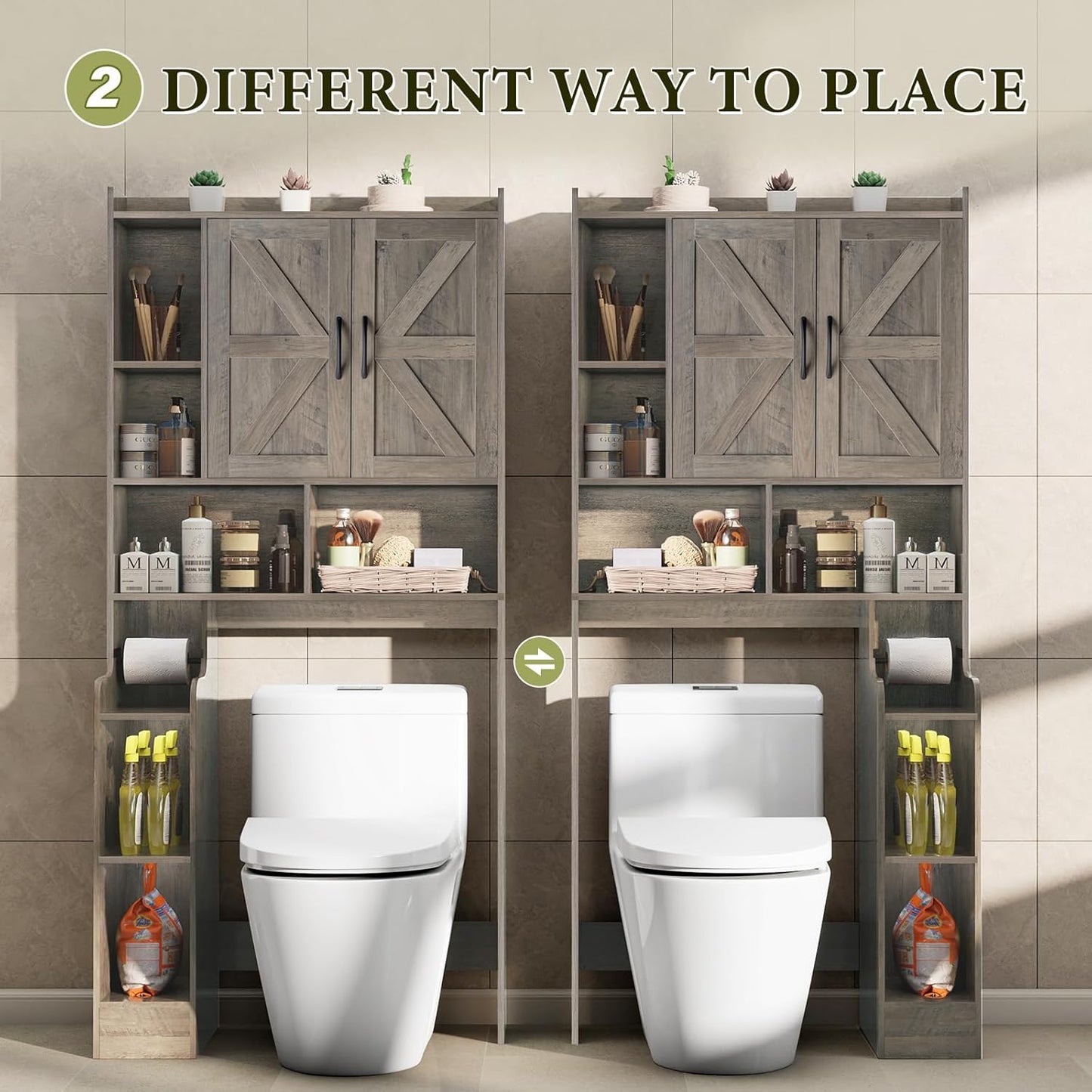 Over The Toilet Storage Cabinet with Barn Doors, Rustic Bathroom Organizer, Space-Saving Shelf for Laundry, Grey