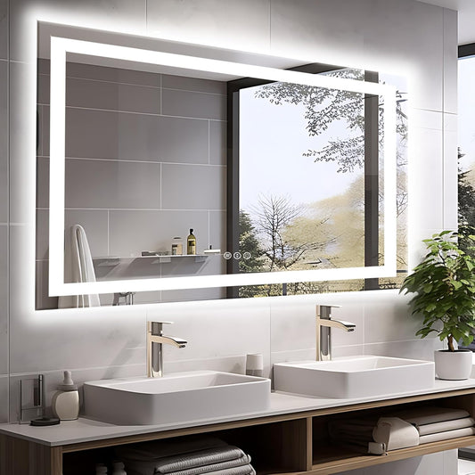 60"x40" LED Mirror for Bathroom, Front and Backlit, Anti-Fog Vanity Mirror with Lights, Stepless Dimmable Lit, 3 Colors Smart Mirror (Horizontal/Vertical)