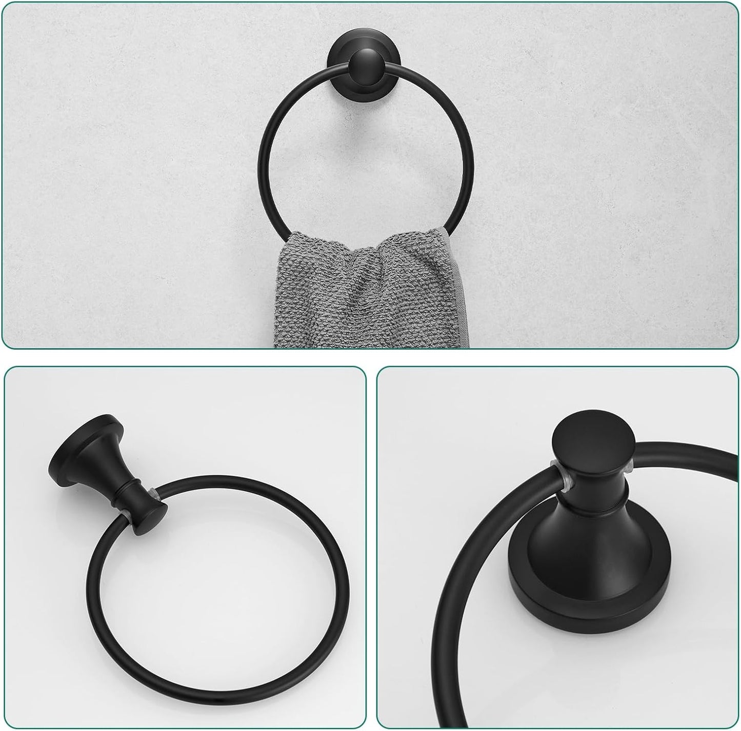 Hoimpro Matte Black 4-Piece Bathroom Bath Set, Wall Mount Bathroom Hardware Fixture (Adjustable Towel Bar Rack, Towel Ring Holder, Paper Towel Holder, Double Towel Hook), Bathroom Accessories