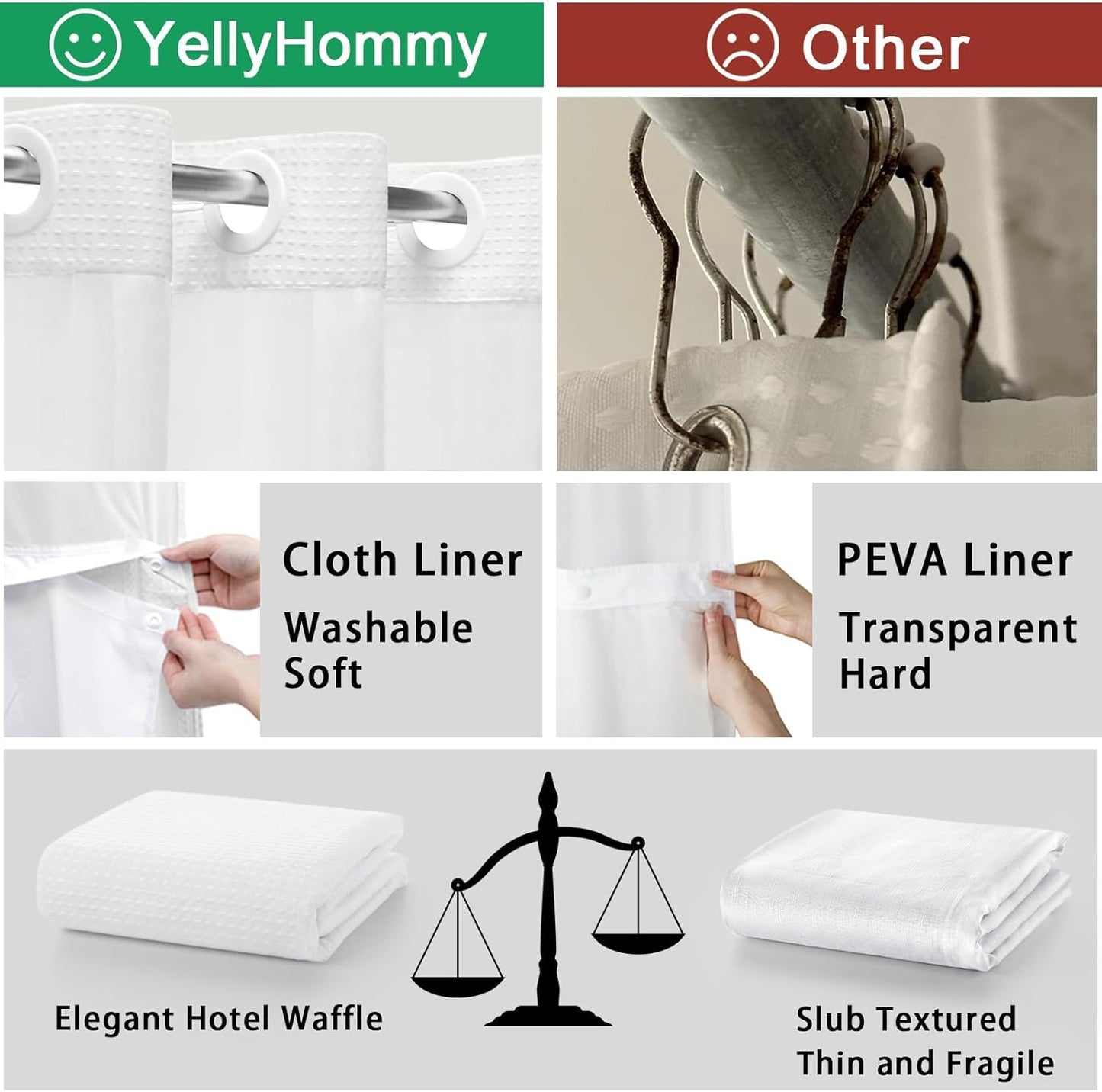 YellyHommy No Hook Shower Curtain with Snap in Fabric Liner Set Less Time White Waffle Shower Curtain for Bathroom 75" L x 54" W