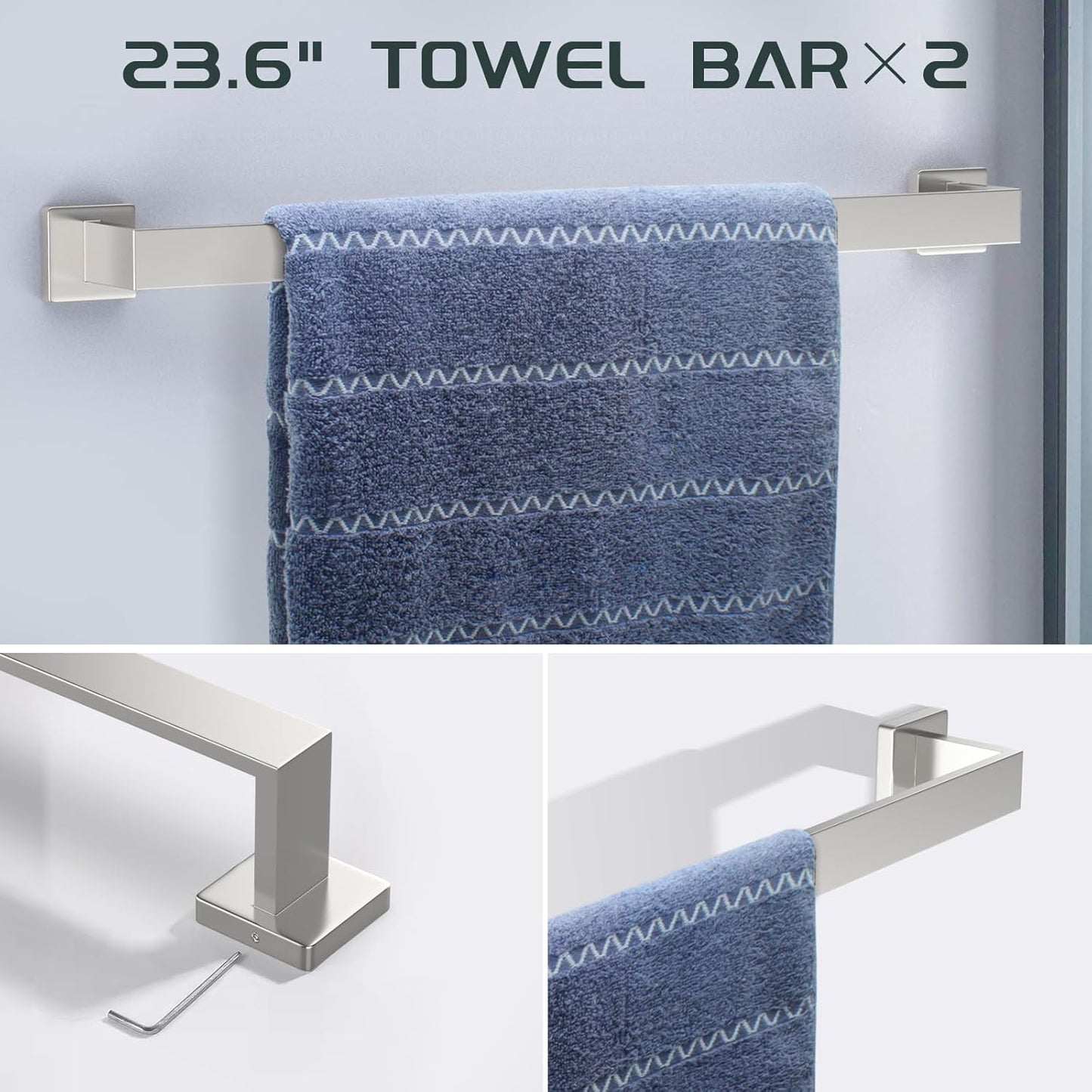 7-Piece Bathroom Hardware Set Brushed Nickel Towel Bar Set with Towel Rack, 2 Square 23-Inch Towel Bars and Stainless Steel Bathroom Accessories Wall Mounted