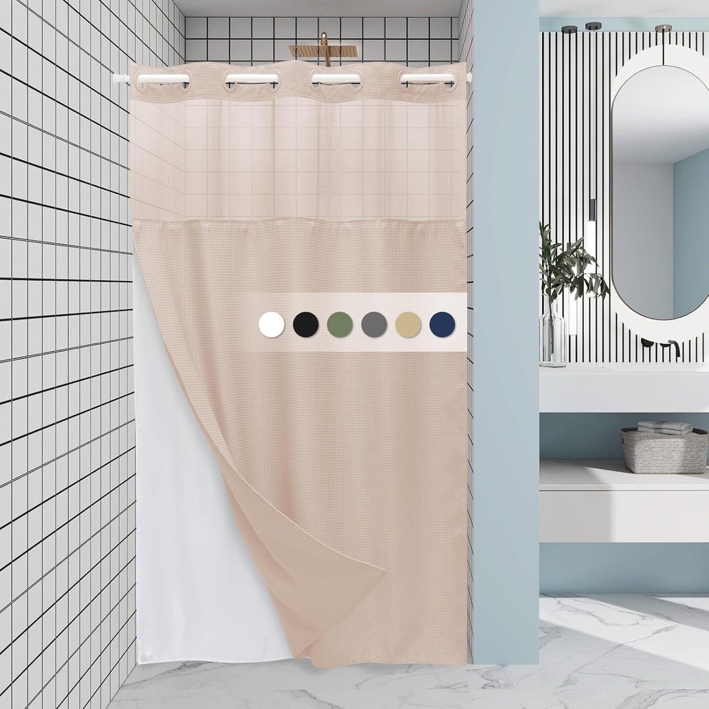 Blush Pink Stall No Hook Shower Curtain with Snap in Liner,230GSM Waffle Weave Shower Curtains for Bathroom,54W x 80H