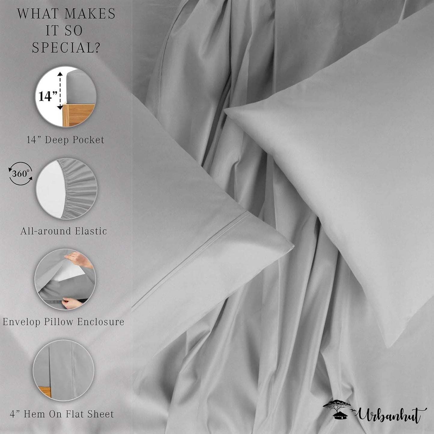 URBANHUT 700 Thread Count Egyptian Cotton Sheets Twin Size, 4Pc Sheet Set Soft Luxury Bed Sheets for Twin Size Bed, Sateen Weave Hotel Sheets, 14'' Elasticized Deep Pocket - Silver Grey
