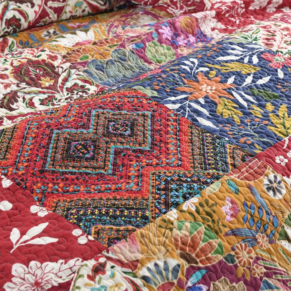 Cotton Bedspread Quilt Bedding Sets 3 Pieces Reversible Coverlet Sets Comforters Gorgeous Paisley Floral Patchwork Red Bedspread, King Size