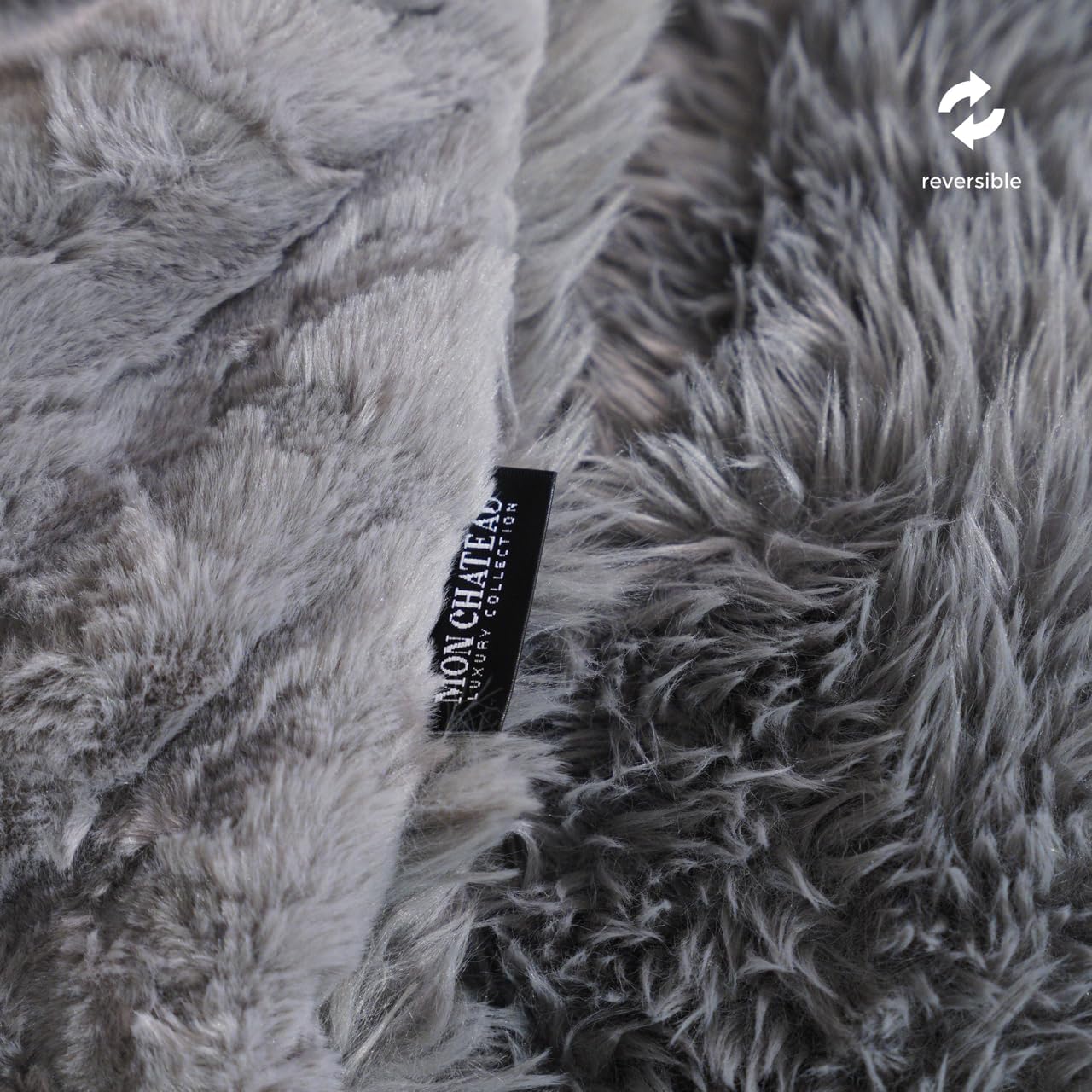 Mon Chateau 60" x 70" Crest Faux Fur Throw, Plush Luxury Blanket for Couch, Sofa, or Bed, Soft Reversible Throw Blanket for Sleeping, Home & Room Decor, Fog Stone