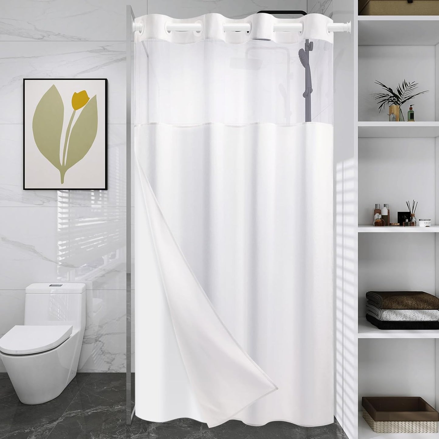 Stall No Hook Shower Curtain with Snap in Liner, Polyester Textured Shower Curtain with Liner Set, Waterproof Washable Hotel Style Shower Curtains for Bathroom, 36Wx74H, White