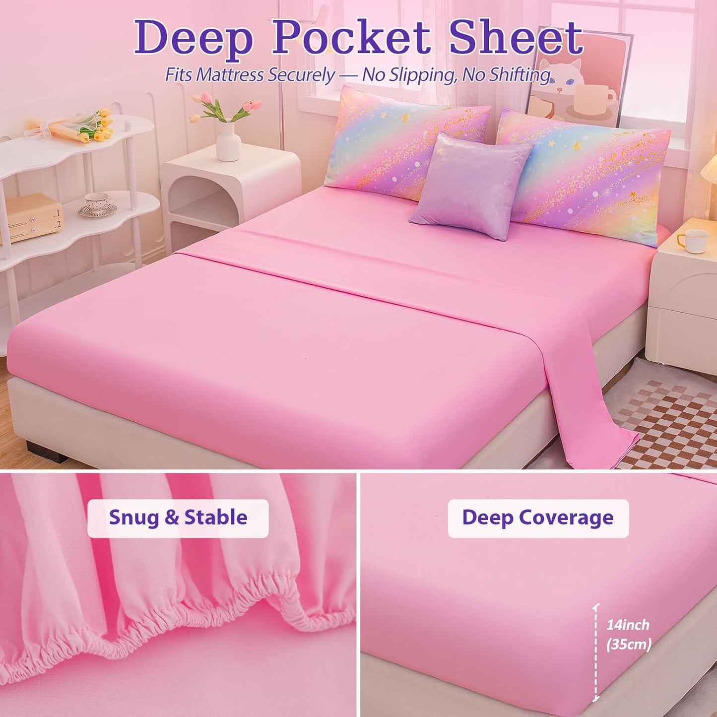 Rainbow Bedding Set Twin Size – 6-Piece Reversible Girls Comforter with Deep-Pocket Sheet, Gradient Galaxy Design, Whole-Piece Filling, Machine Washable Bed-in-a-Bag for Kids Room Makeover & Gifts