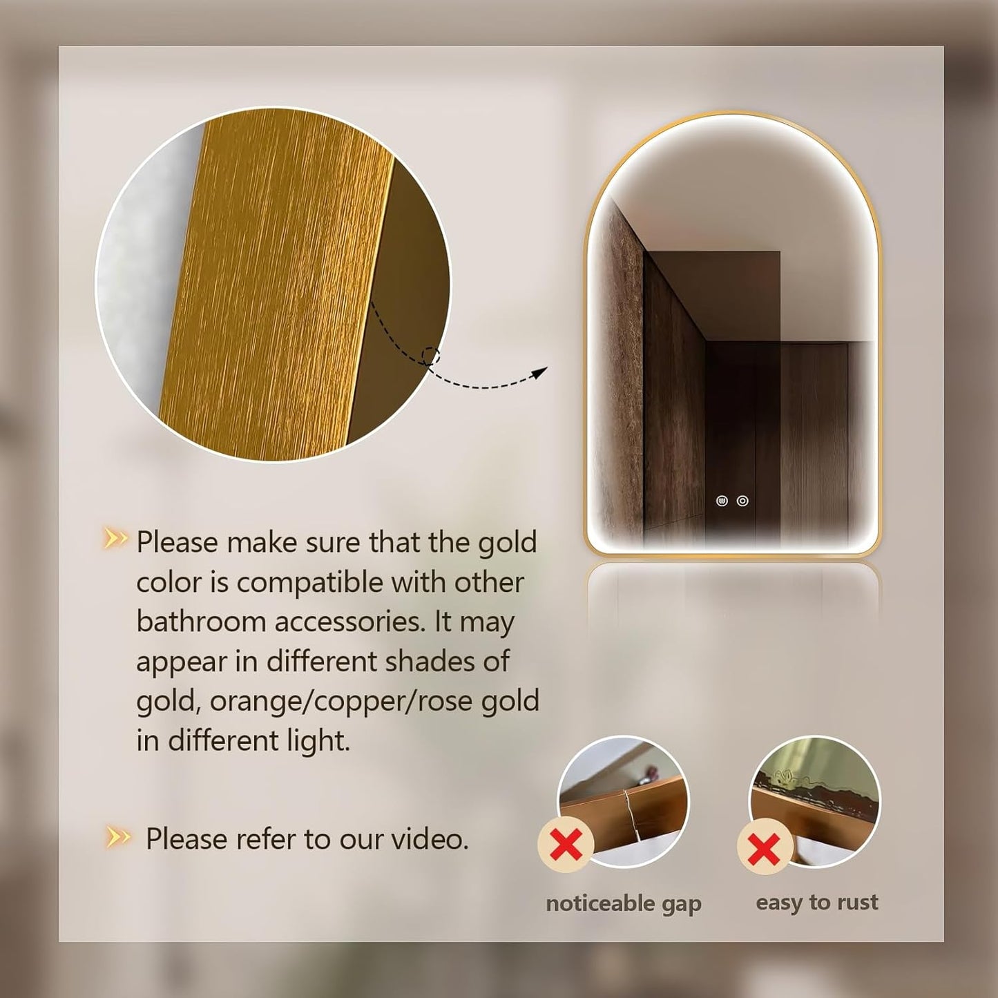 Niccy Arched LED Bathroom Mirror, 40"x30" Gold Framed Arch Wall Lighted Mirrors, Arching Frontlit Vanity-Mirror with Memory Function for Bathroom Bedroom, Defogger and 3 Color, Explosion-Proof
