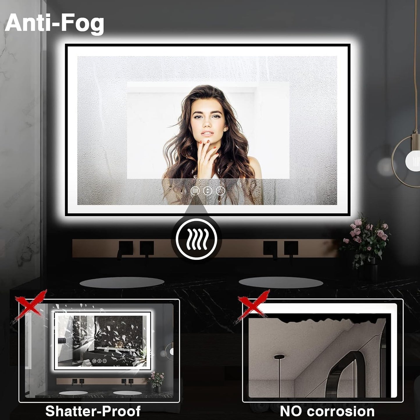 60x36 LED Bathroom Mirror - Black Aluminum Framed (Front and Backlit), Anti-Fog Smart Mirror, Stepless Dimmable, 3 Colors (Horizontal/Vertical)