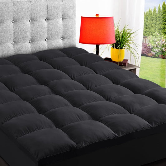 ELEMUSE Queen Black Mattress Topper for Back Pain, Extra Thick Mattress Pad Cover, Plush Soft Pillowtop with Elastic Deep Pocket, Overfilled Down Alternative Filling