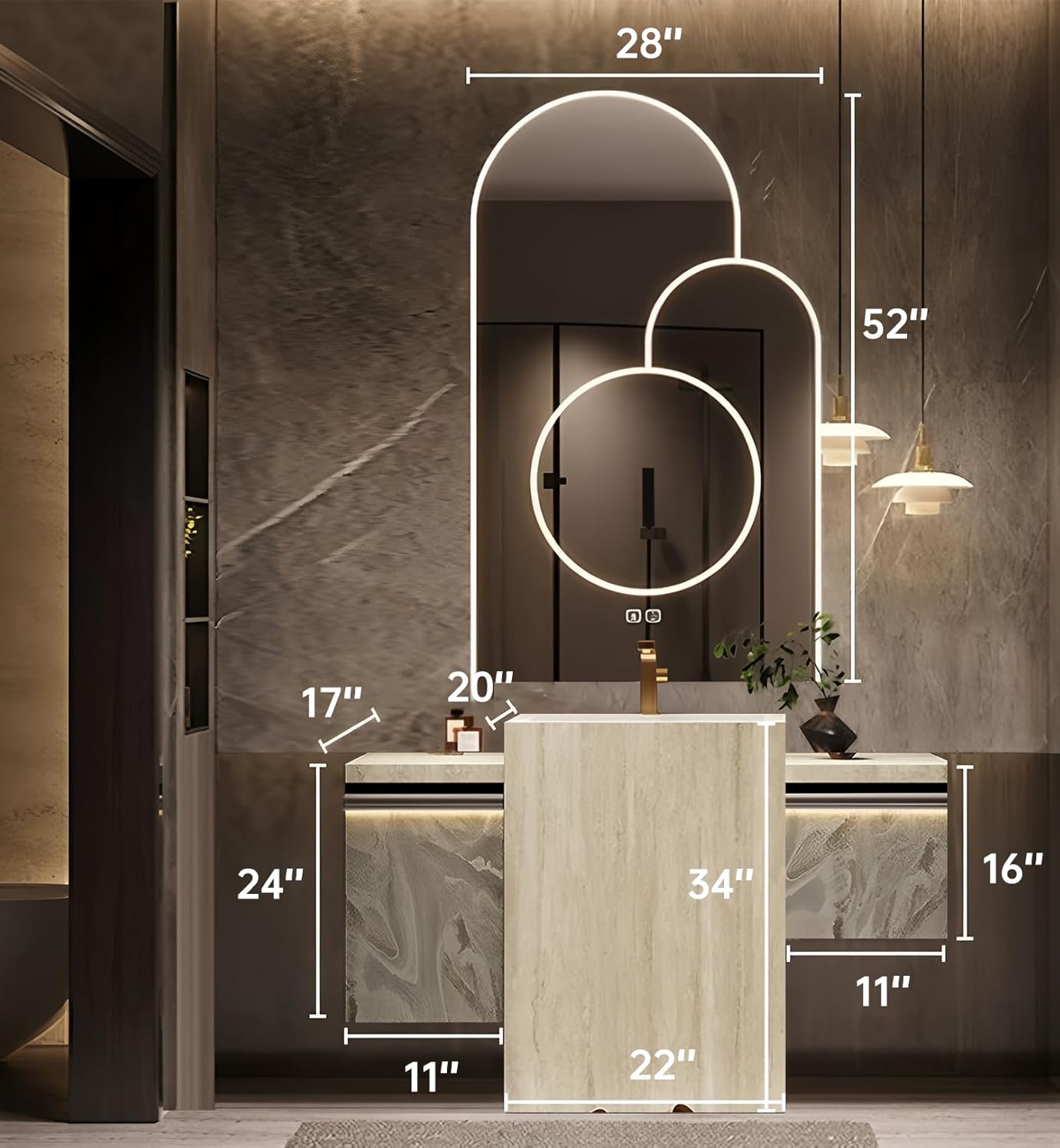 Single Sink Freestanding Bath Vanity, Modern Bath Vanity with LED Smart Mirror, 44IN Solid Wood Floating Bathroom Sink Cabinet with Marble Slate Top and Large Storage Drawer