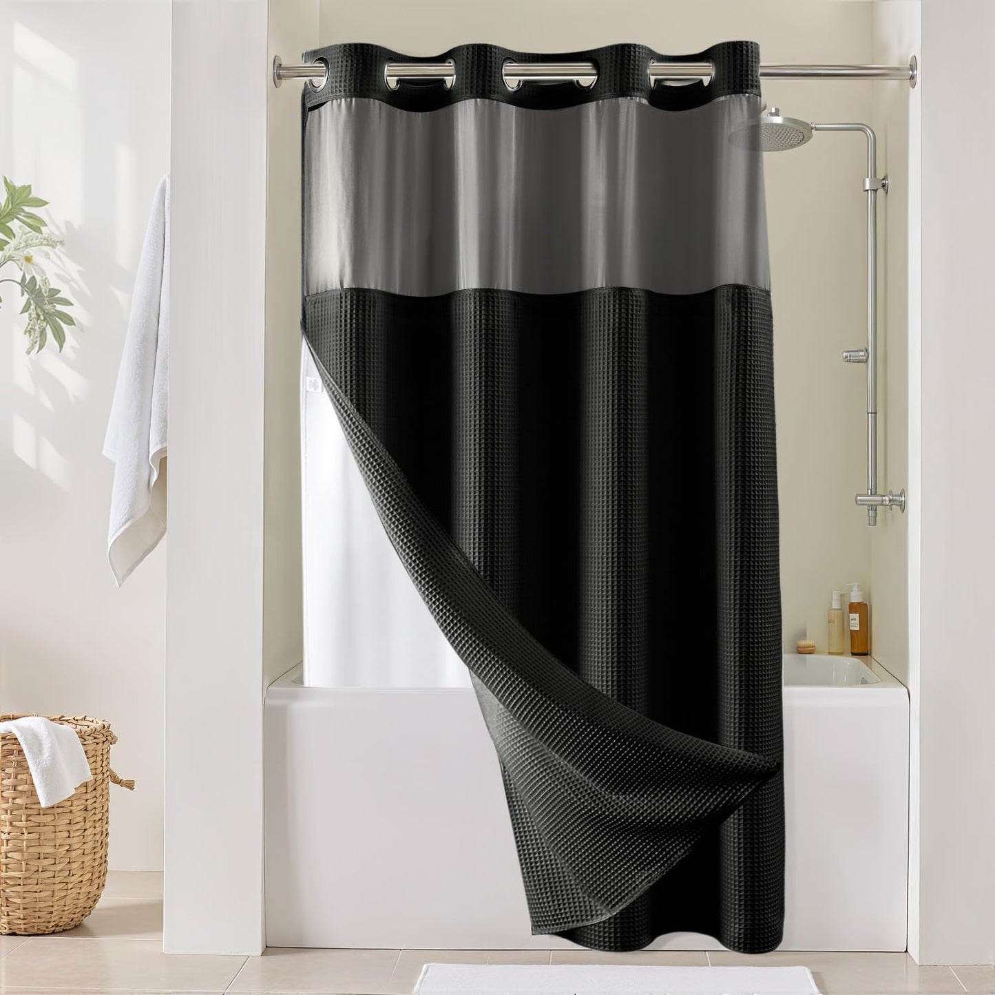 River Dream Black Fabric Shower Curtain Set, Cotton Blend, Waffle Weave, with Snap in Replacement Liner，54 x 80 inches