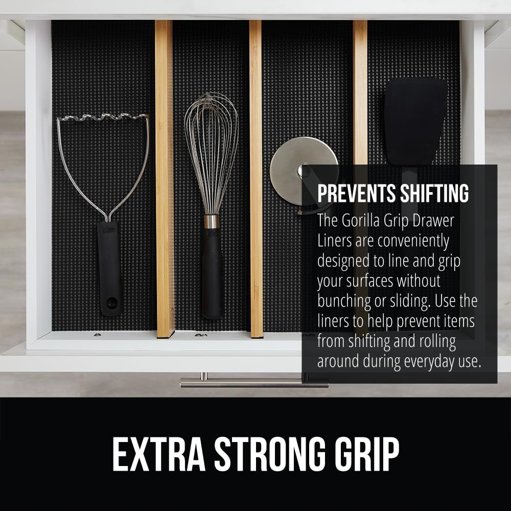 GORILLA GRIP powerGRIP Drawer Shelf and Cabinet Liner, Thick Strong Hold, Non-Adhesive Liners Protect Kitchen Cabinets and Cupboard, Bathroom Drawers, Easy Install, Breathable Mat, 20" x30', Black