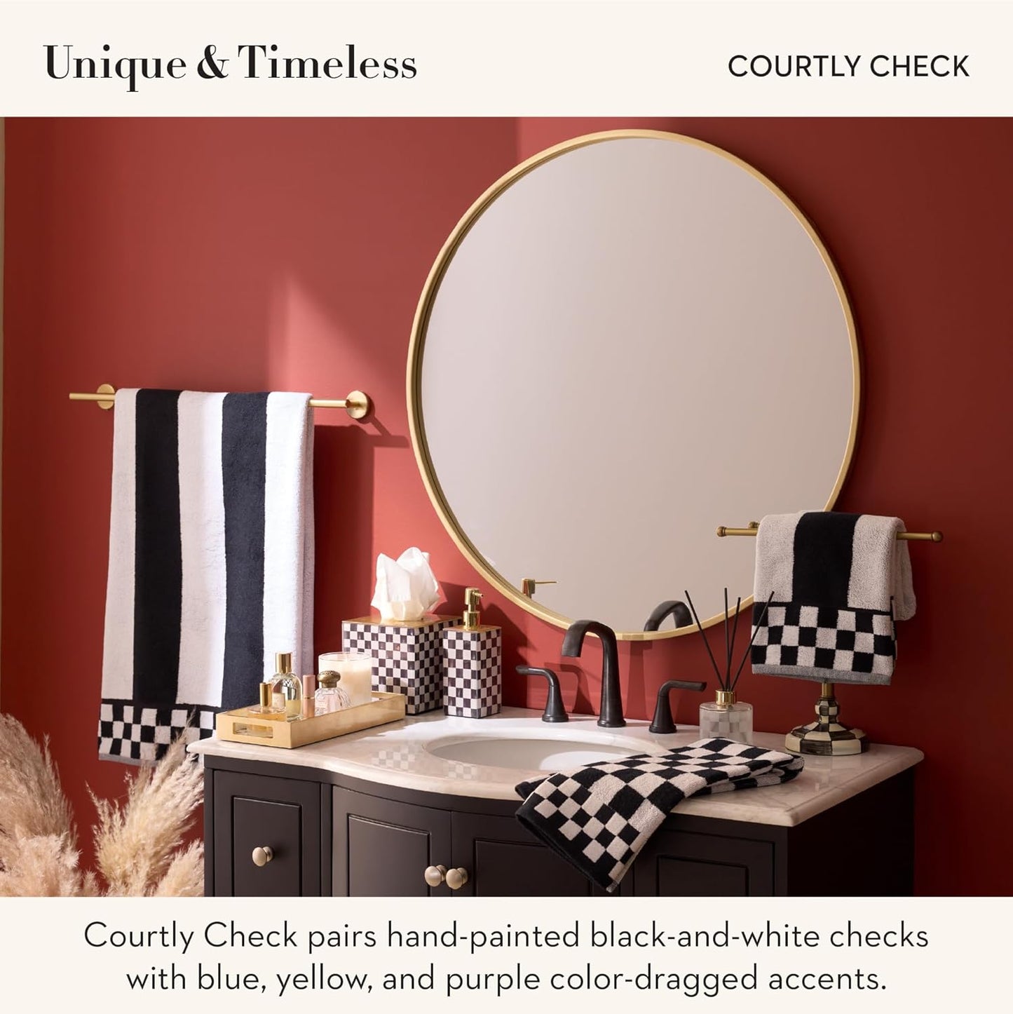 MACKENZIE-CHILDS Glass Soap Pump, Liquid Soap Dispenser, Black-and-White Courtly Check