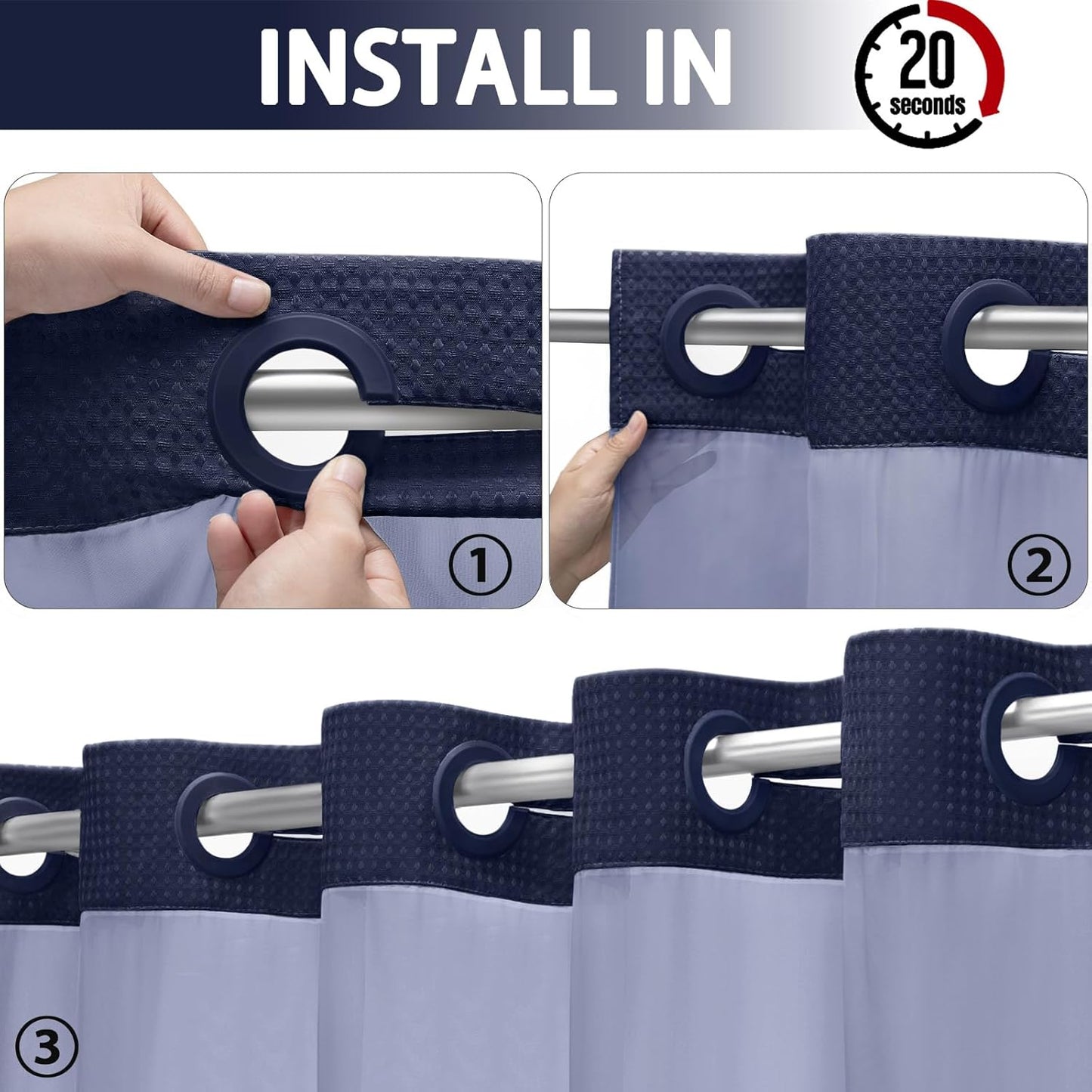 YellyHommy No Hook Shower Curtain with Snap in Liner Set Less Time Navy Blue Waffle Shower Curtain for Bathroom 75" L x 72" W