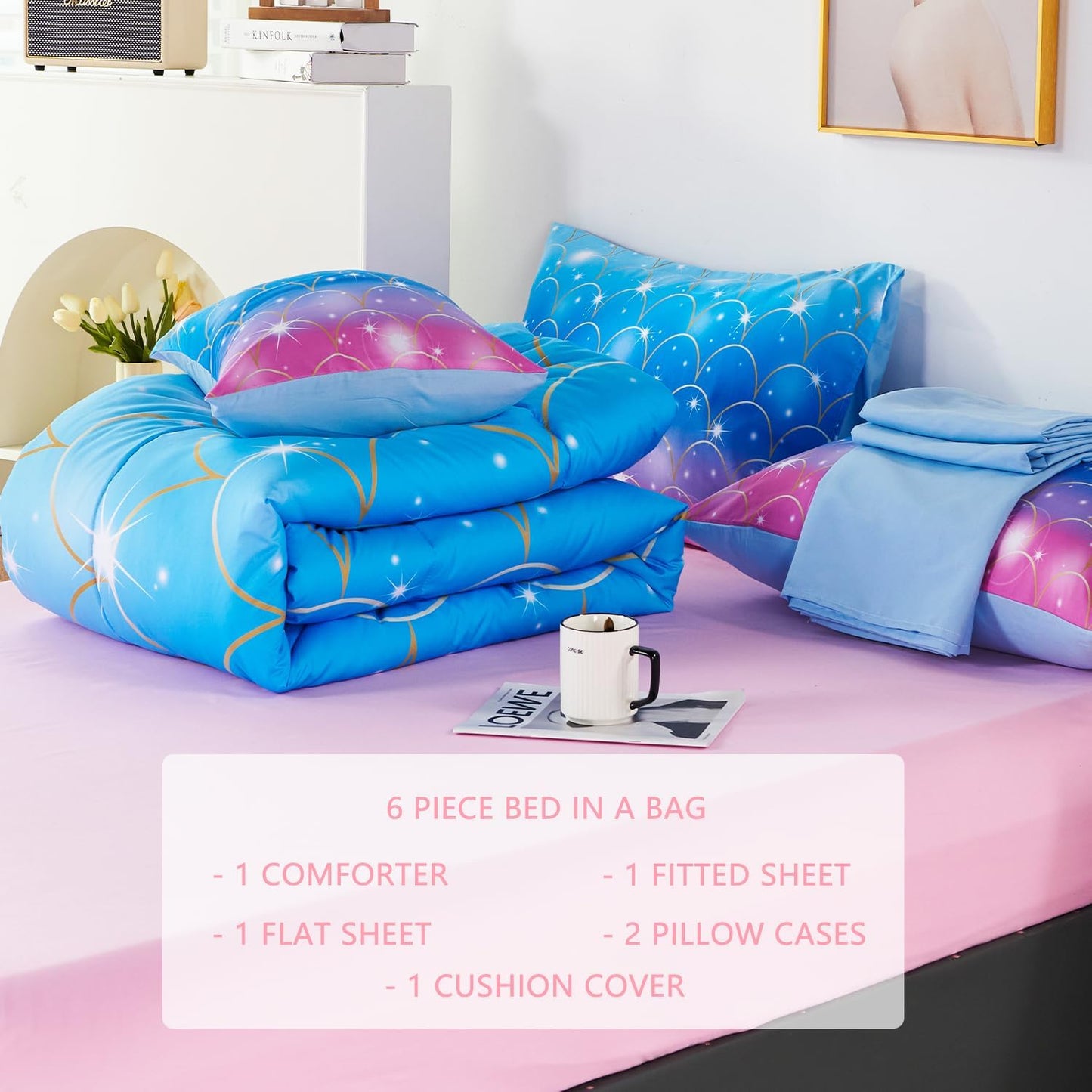 URBONUR Mermaid Comforter Set Full Size 6 Pieces Bed in a Bag Pink Blue Girls Bedding Colorful Bedroom Decor Soft All Season Kids Bed Sets