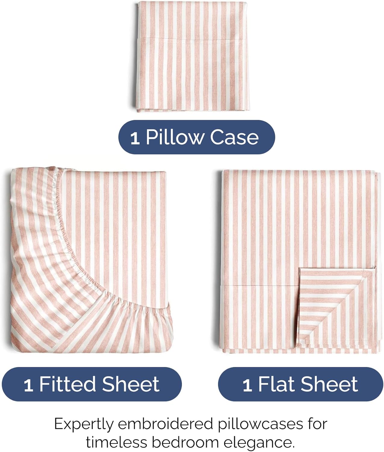 Blush Stripes Oeko-Tex Twin Size 3 Piece Sheet Set - Extra Soft, Breathable & Cooling Luxury Bed Sheets - Deep Pockets, Easy-Fit & Wrinkle-Free