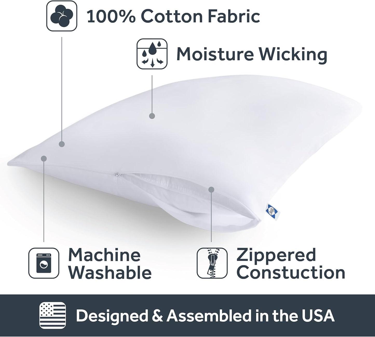 Sealy Performance 100% Cotton Breathable Moisture Wicking Fabric Machine Washable Zippered Pillow Protector, Standard/Queen Size, 2 Pack, White