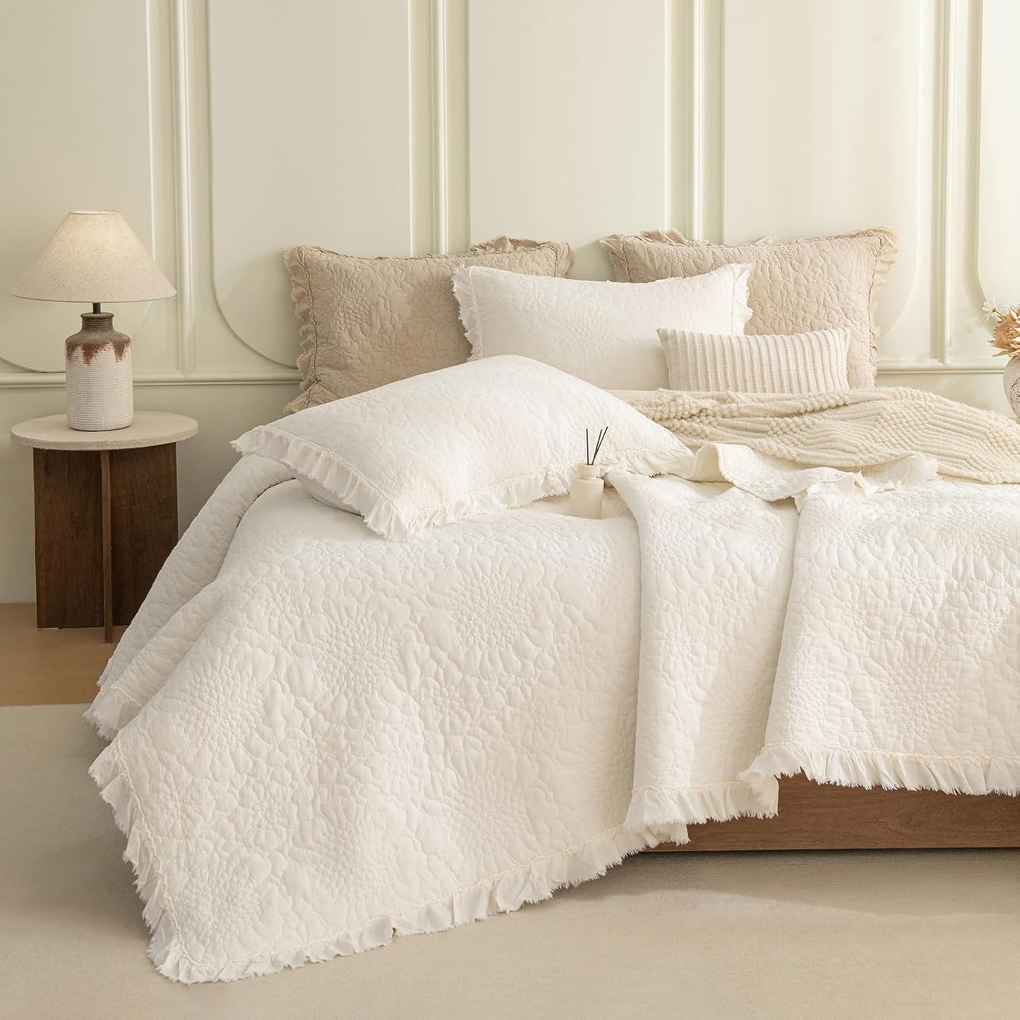 QSH Milk White Stonewashed Cotton Oversized King Quilt Bedspread Set(128"x120"),3PCs Farmhouse Ruffled Bedspread California King, Soft Lightweight Shabby Crinkled Quilt Coverlet Bed with Pillow Shams