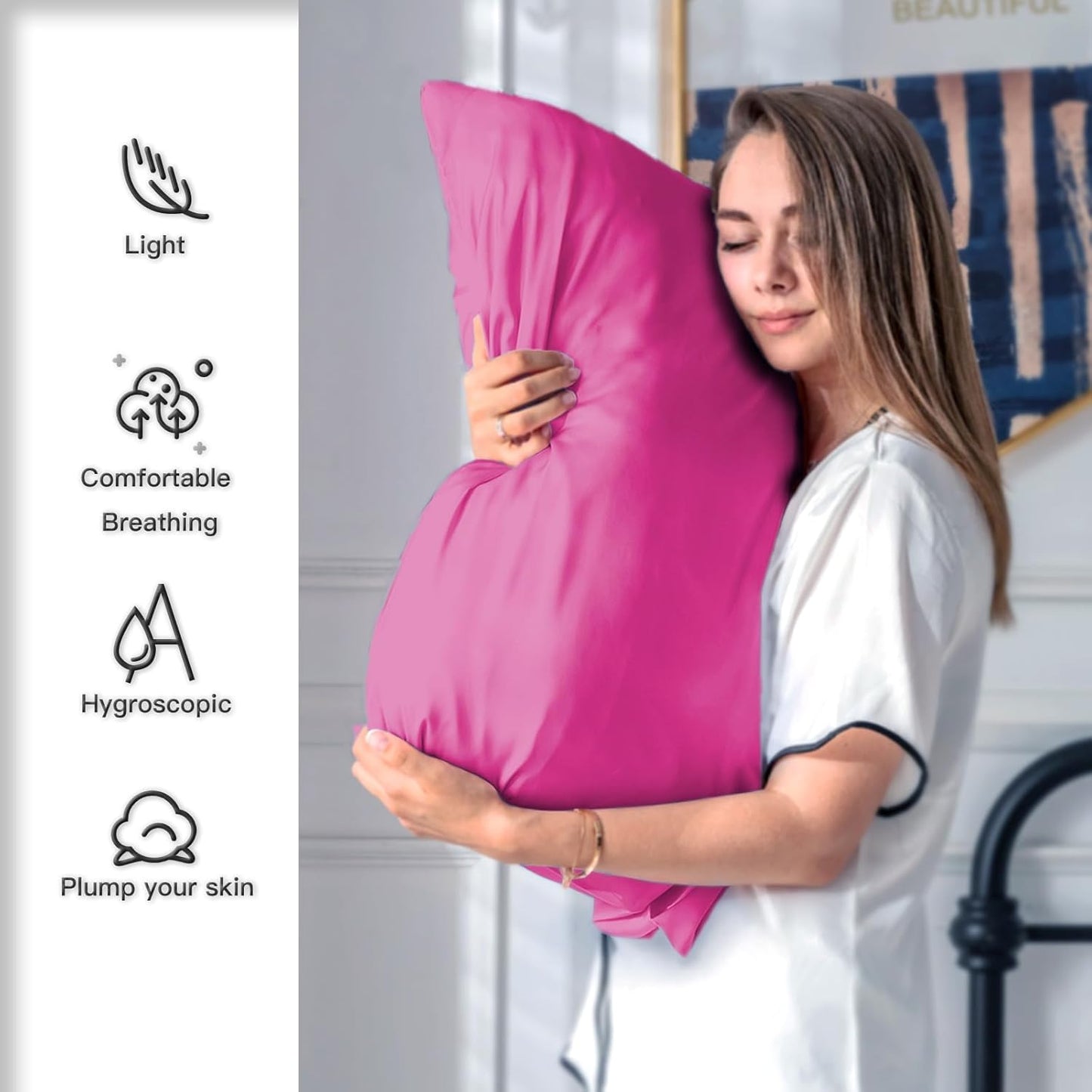Silk Pillow Cases 2 Pack Soft Breathable and Sliky King Size Pillow Cases Set of 2,Natural Mulberry Satin Silk Pillowcase with Hidden Zipper for Hair and Skin (Hot Pink,20"X 36",2pcs)