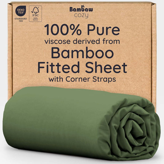 Bambaw Full Fitted Sheet Only, 100% Viscose Derived from Bamboo Fitted Sheet Full Size with Corner Straps, Cooling & Soft (Olive)