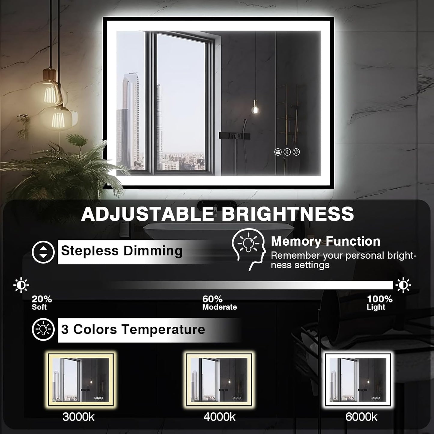 40x24 LED Bathroom Mirror - Black Aluminum Framed, Front and Backlit, Anti-Fog, Stepless Dimmable Lighted, 3 Colors Smart Vanity Mirror (Horizontal/Vertical)
