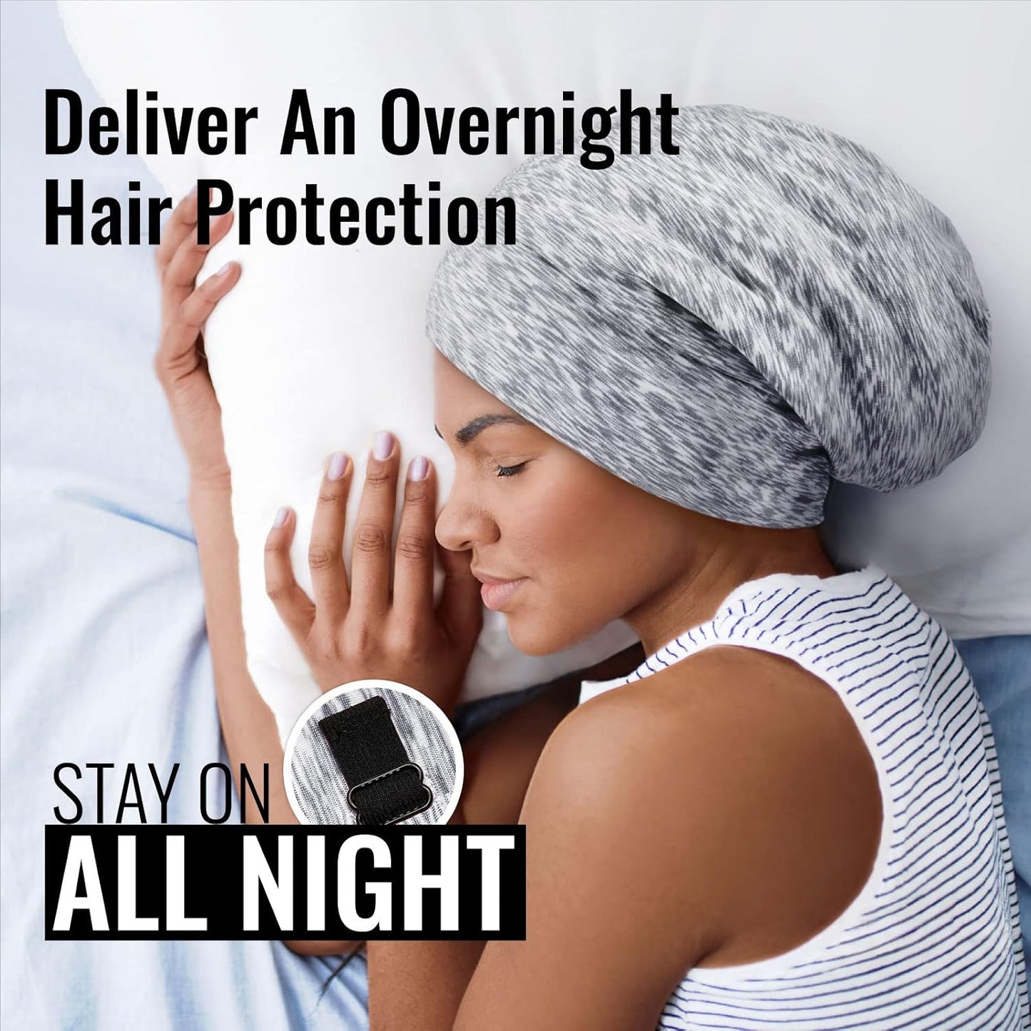 Satin Lined Sleep Cap Bonnet for Curly Hair and Braids, Stay On All Night Hair Wrap with Adjustable Strap for Women and Men, Light Grey and White, Pack of 1