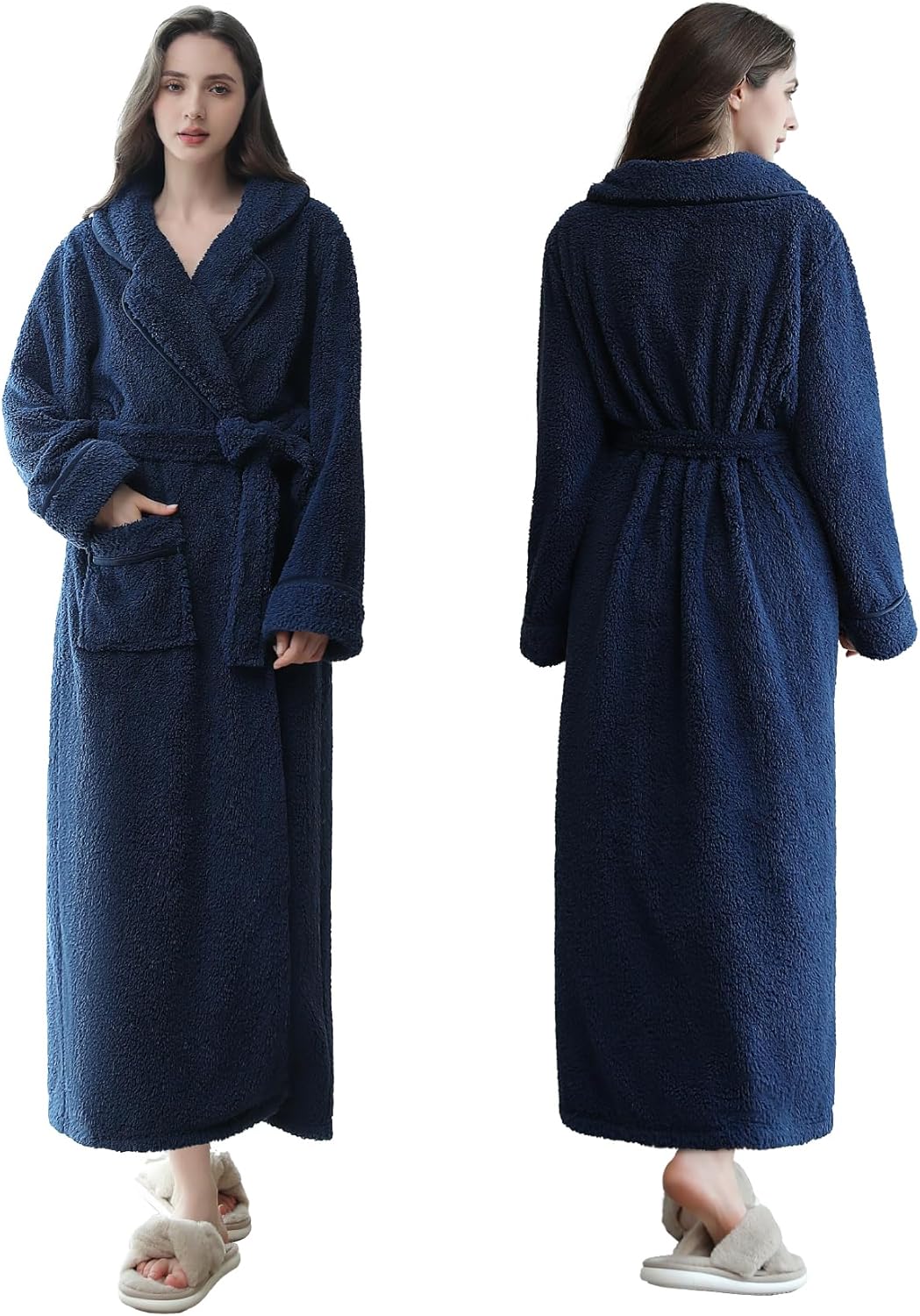 Oksun Womens Long Fleece Robe: Soft Fluffy Warm Bathrobe - Cozy Winter Housecoat Nigthgown with Chic Piping