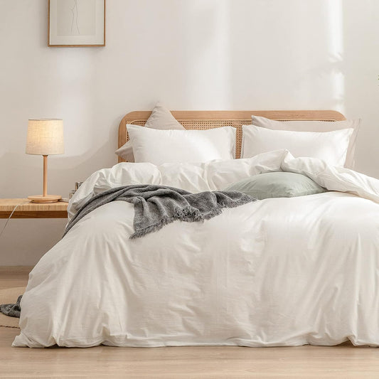 BESTOUCH Duvet Cover Set 100% Washed Cotton Linen Feel Super Soft Comfortable Chic Lightweight 3 PCs Home Bedding Set Solid Off White Full/Double