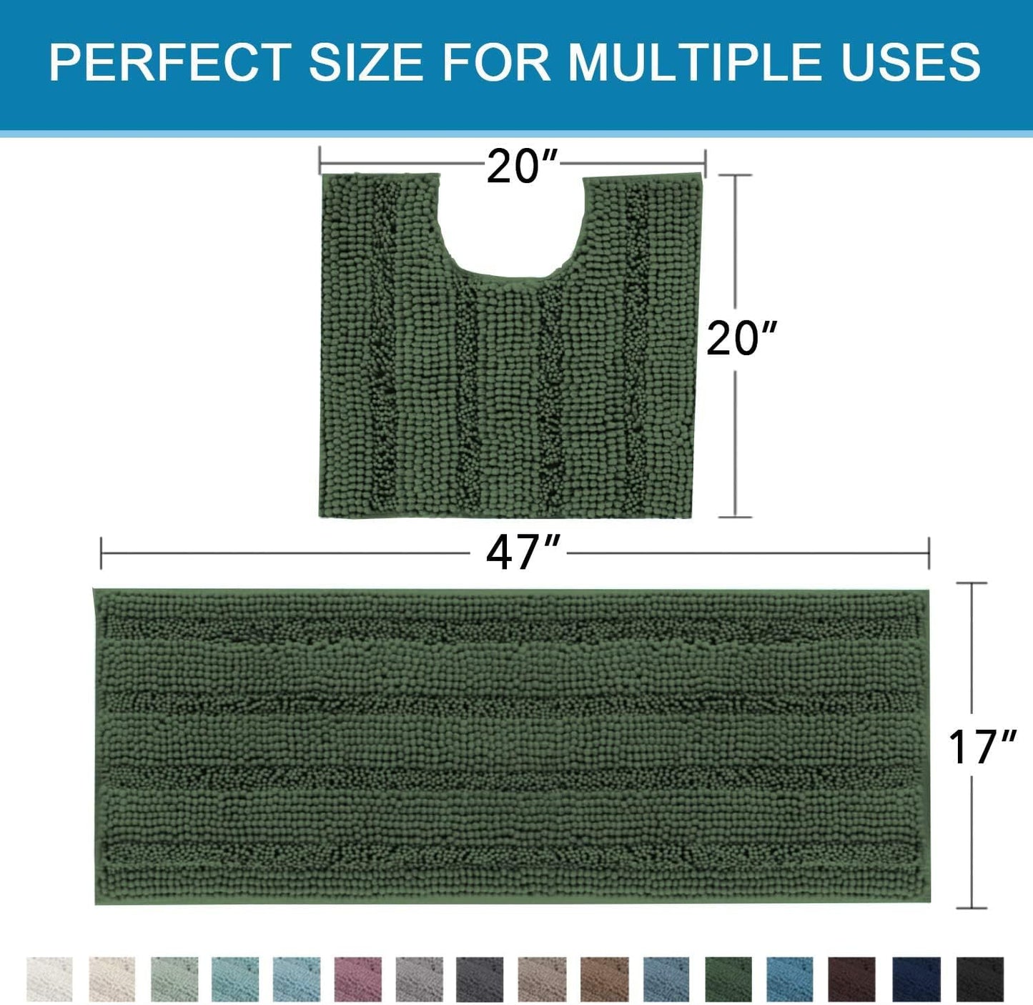 H.VERSAILTEX Bathroom Rugs Bath Rug Set 2 Piece Bathroom Contour Rug Toilet Mat Sets Non Slip Contour Bath Rug Ultra Thick Water Absorbent Striped Bath Mats(47" x 17" Plus 20" x 20" U, Bronze Green)