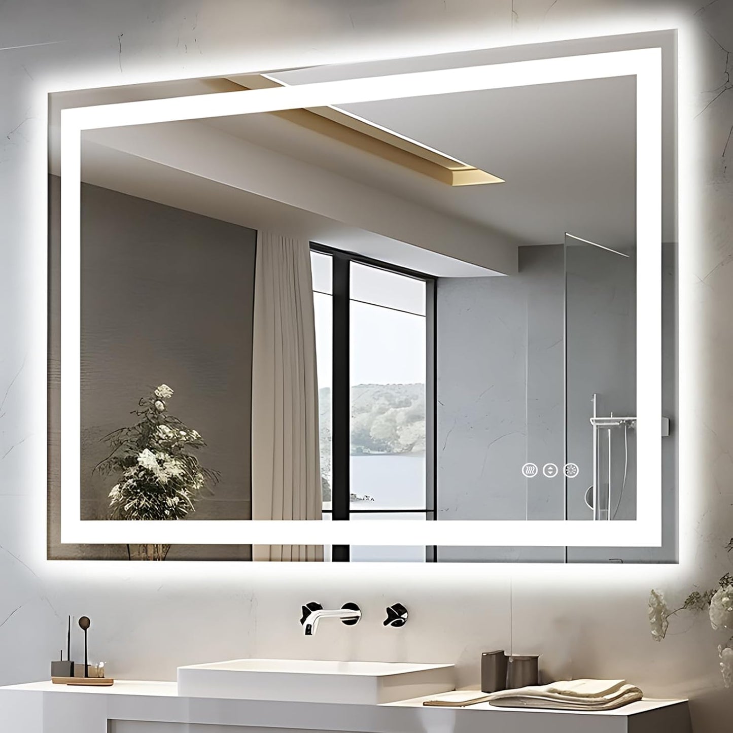 48"x40" LED Lighted Bathroom Mirror with Front Light and Backlit, Anti-Fog Bathroom Mirror with Lights, Stepless Dimmable LED Mirror, 3 Colors Smart Mirror (Horizontal/Vertical)