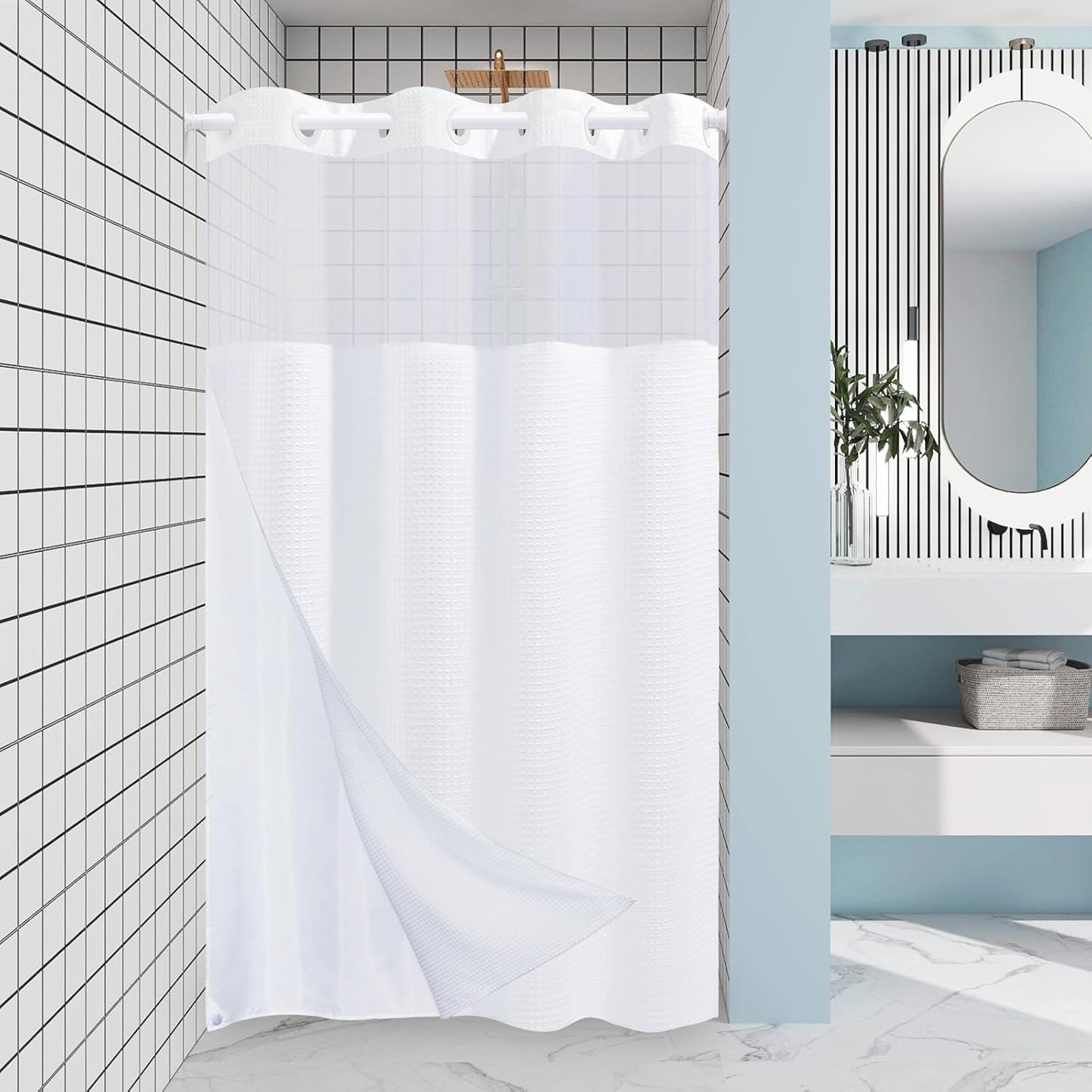 Stall No Hook Shower Curtain with Snap in Liner,230GSM Waffle Weave Shower Curtains for Bathroom,60W x 74H,White