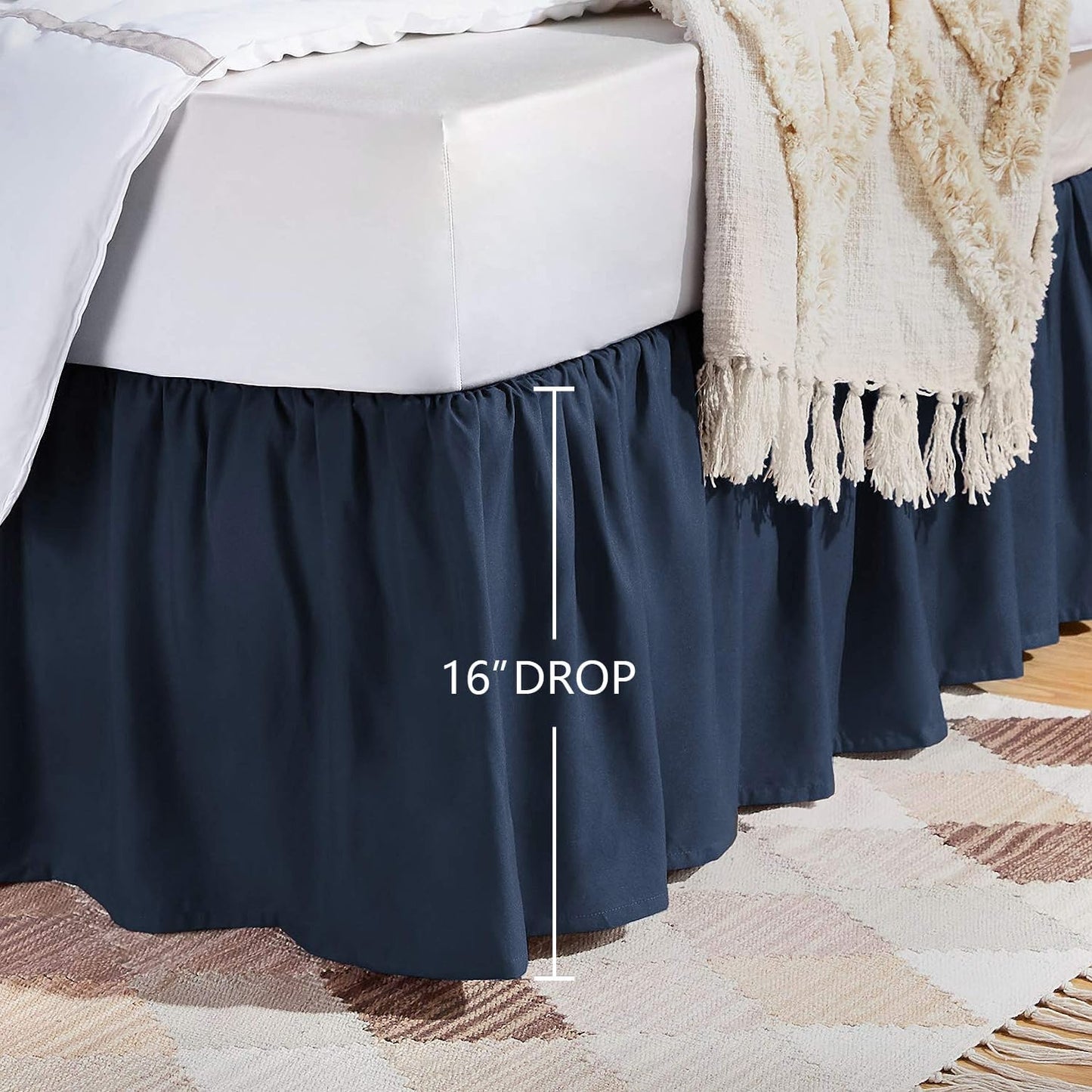 Amazon Basics Lightweight Ruffled Bed Skirt, Classic Style, Soft and Stylish 100% Microfiber with 16" drop-Queen, Navy Blue, Solid