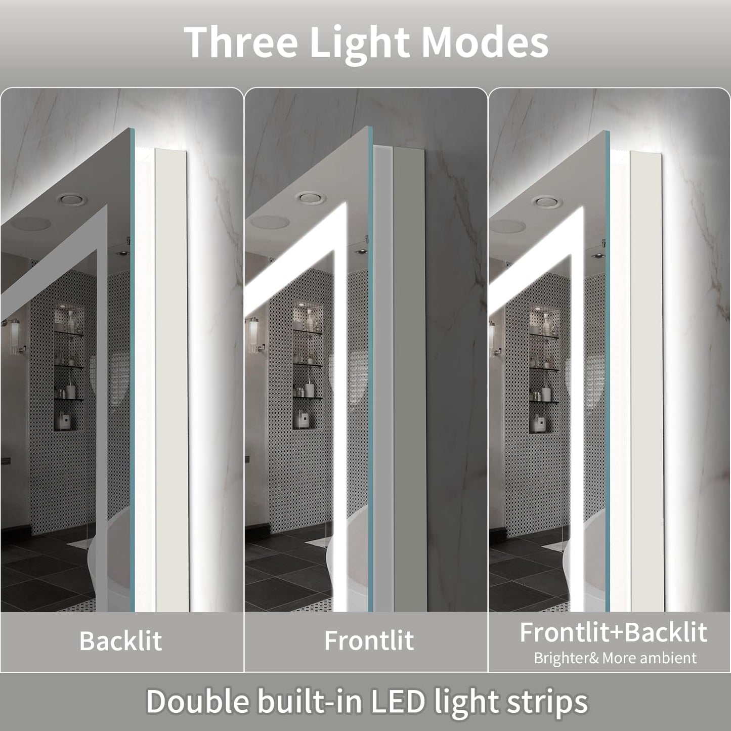 LED Mirror for Bathroom, 44x36 Inch Backlit + Front Lighted Bathroom Vanity Mirror with Lights for Wall, Double Light Strips, 3 Colors, Shatter-Proof, Anti-Fog and Brightness Memory