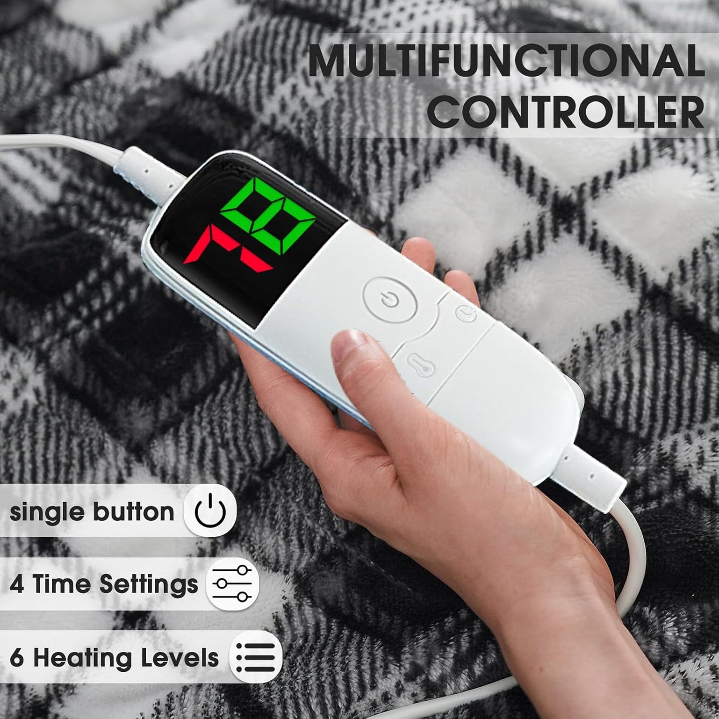 OCTROT Heated Electric Blanket Queen Size, 84X90 Heating Blanket Queen with Dual Control&10 Heats Levels&Timer for Bed,Black Plaid Sherpa Large Blankets Warmer Gift for Grandma Women Adults, Washable