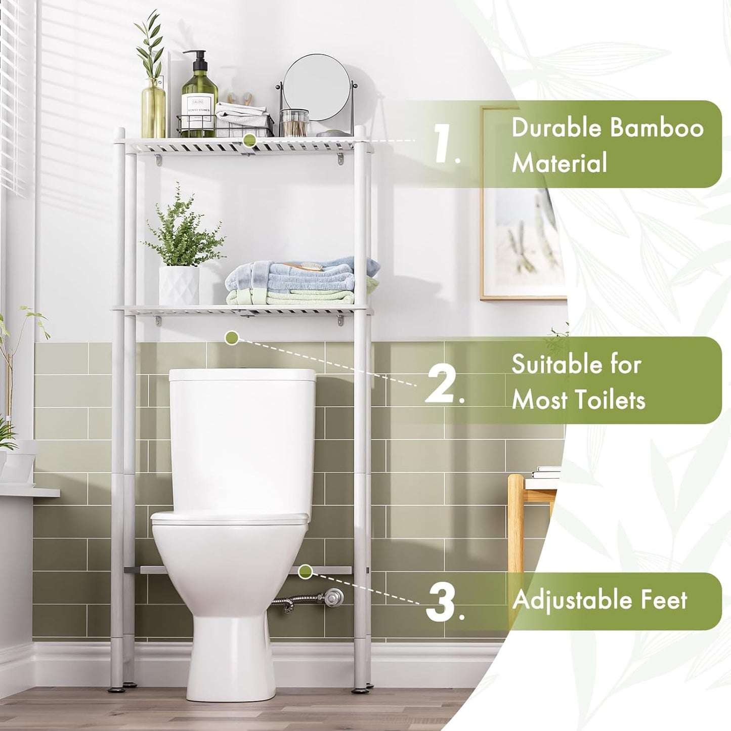 AmazerBath Bamboo Over The Toilet Storage Shelf, 2-Tier Over Toilet Bathroom Organizer Rack, Bathroom Shelves Over Toilet Space Saver, White
