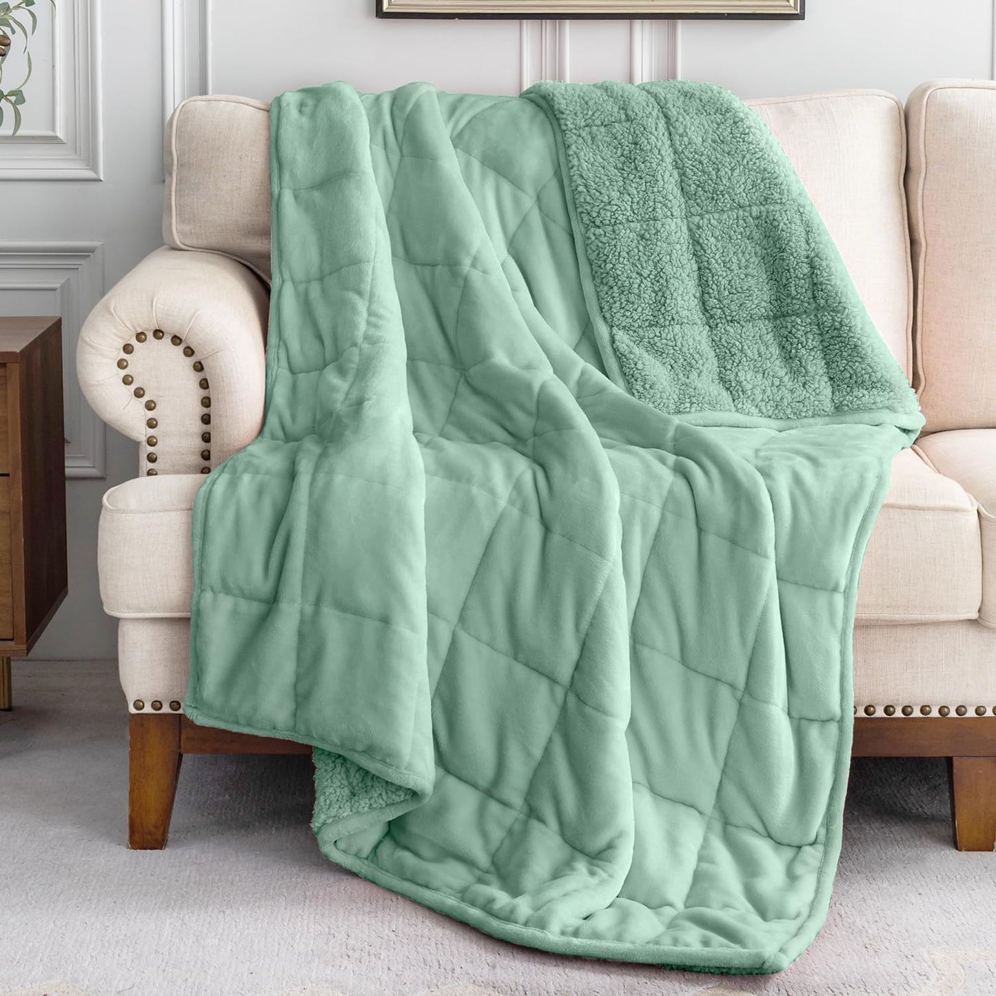 Uttermara Weighted Blanket Queen Size 15lbs 60x80 inches with Soft Plush Fleece, Cozy Warm Sherpa Snuggle Thick Heavy Blanket Great for Sleep and Calming, Sage Green