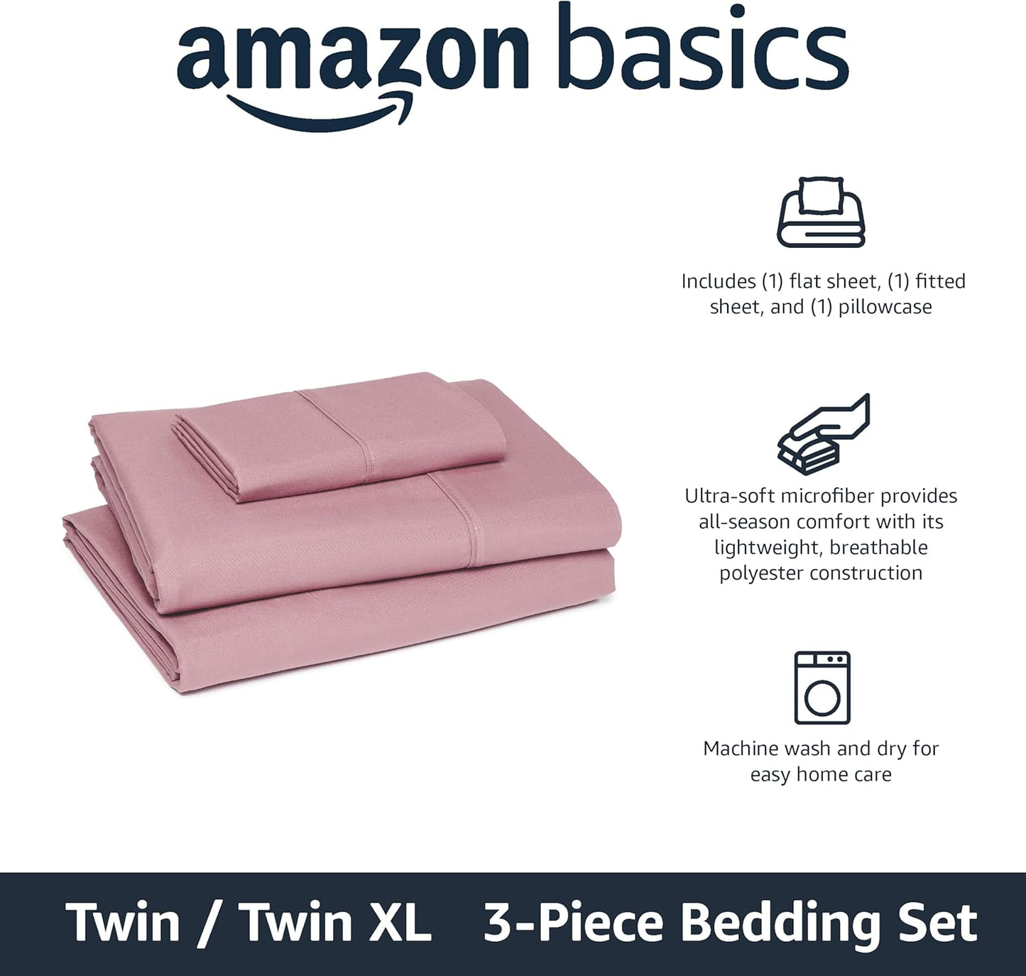Amazon Basics Lightweight Microfiber 3-Piece Bed Sheet Set, Rose, Solid, Twin XL