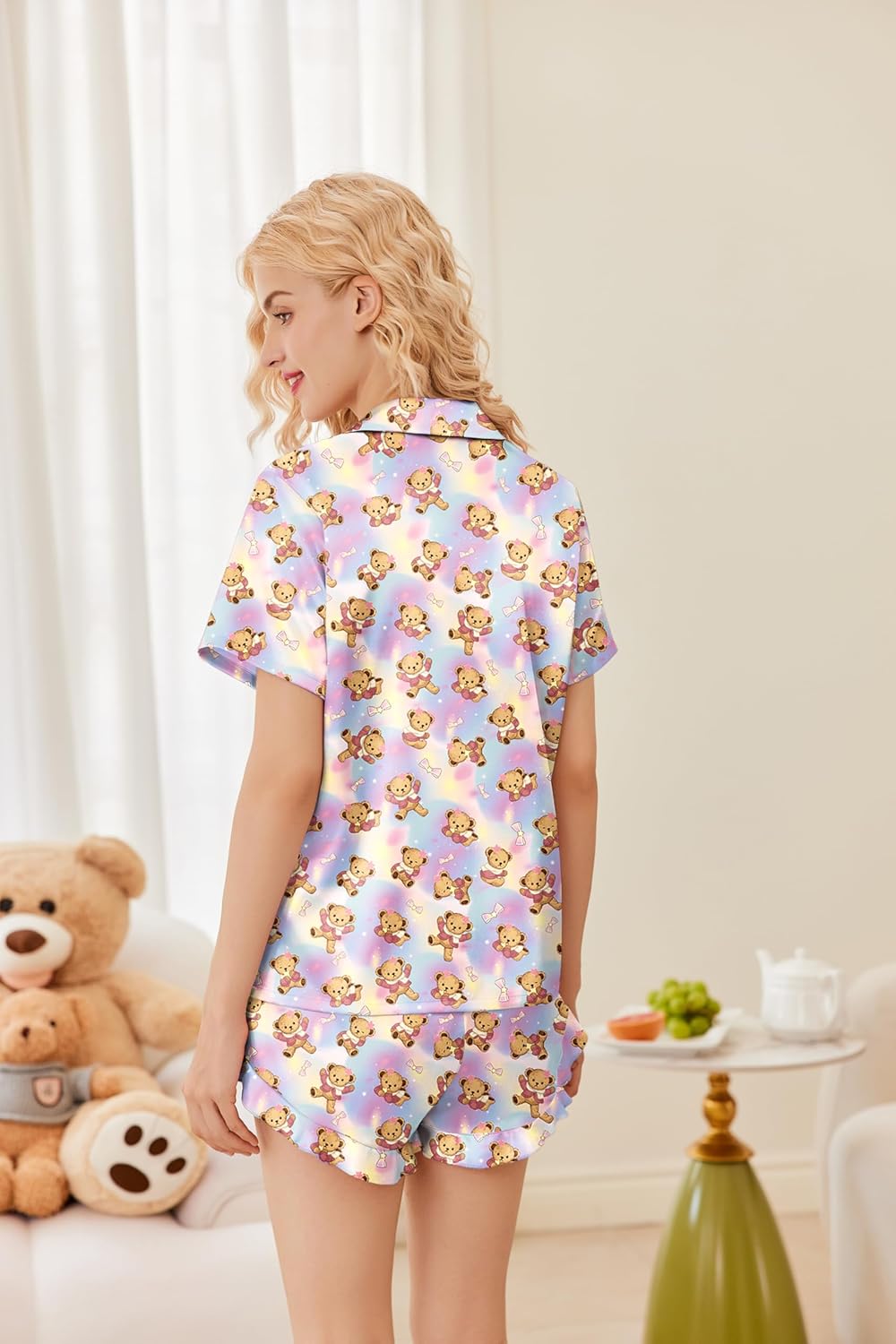 Ekouaer Womens Satin Pajamas Set Button Down 2 Piece Silk Pjs Shorts Set Ruffle Lingerie Notch Collar Sleepwear
