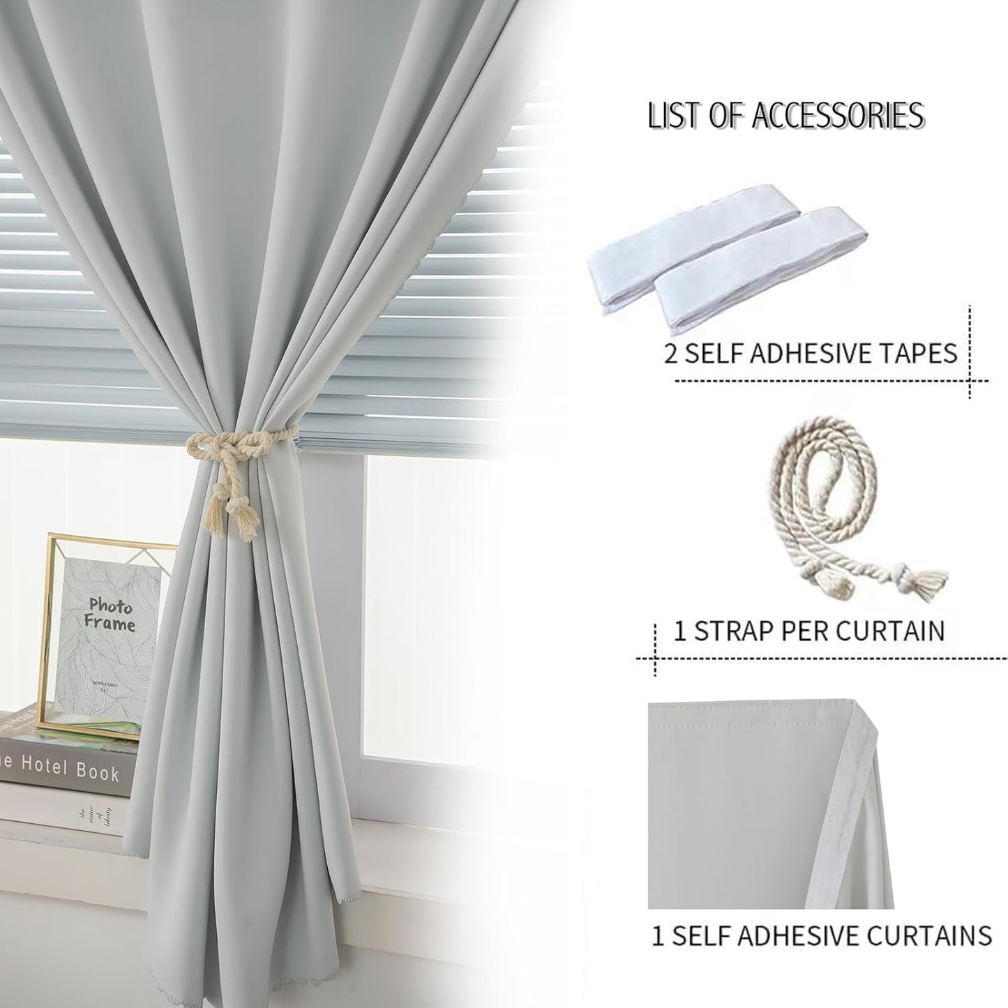 self Adhesive Curtains Portable Blackout Curtain Simple and Easy to Install Bedroom Window Thermal Lnsulated Kitchen Room Darkening Black Small Drapes, 59" W X 84" L, White, 1 Panel