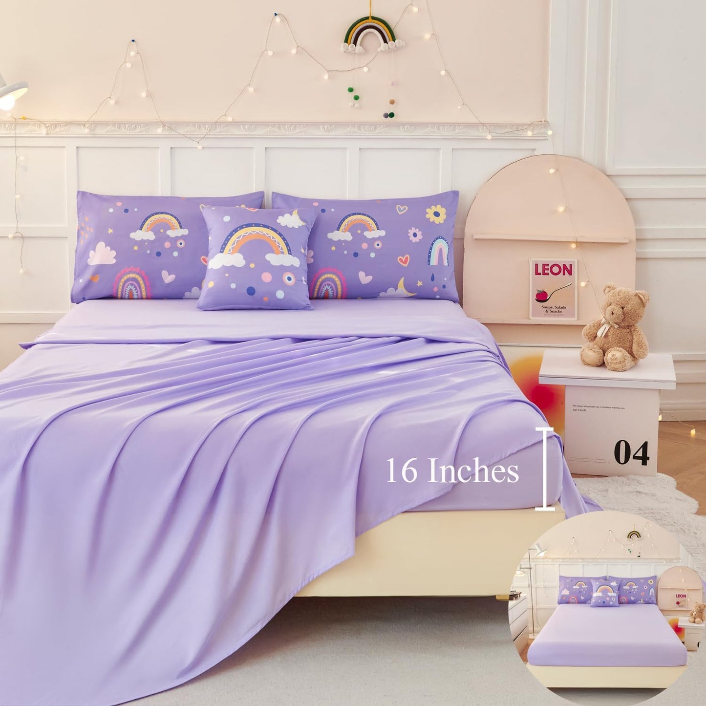 ANGIYUIN Purple Kids Full Size Bedding Set Colorfurl Rainbow and Clouds Girls Bed in A Bag with Sheets Cartoon Saleboat Stars Kid Bed Set for Girl Soft Microfiber Comforter Set, Purple, Full