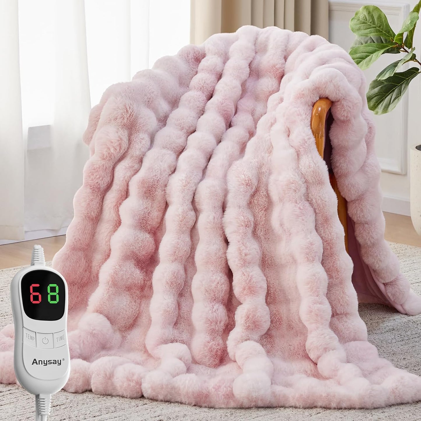 Heated Blanket Throw with 1/2/4/6/8 Hours Auto-Off 10 Heat Level, 50'' * 60'' Cozy Faux Rabbit Fur Bubble Electric Blanket with Overheat Protection(Tie-Dye Pink)