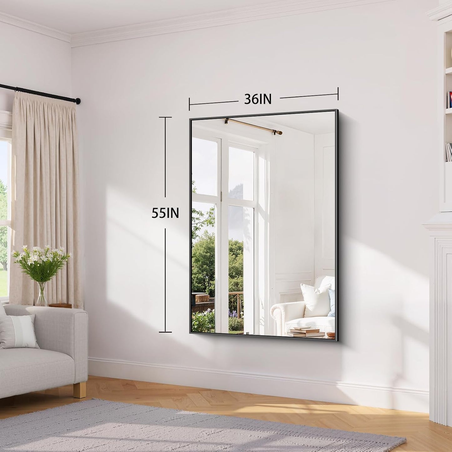 Koonmi Black Framed Bathroom Mirror - Shatterproof 36"x55" Tempered Glass, HD No Distortion, Horizontal/Vertical Mount, Modern Matte Aluminum Alloy Frame