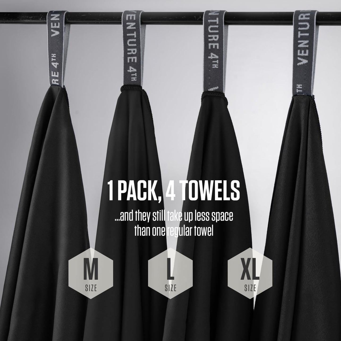 VENTURE 4TH - 4pcs Quick Dry Towels. Microfiber Travel Towels. Lightweight & Fast Drying Travel Towels for Body. Compact & Easy to Pack - 4 Pack Black Extra Large