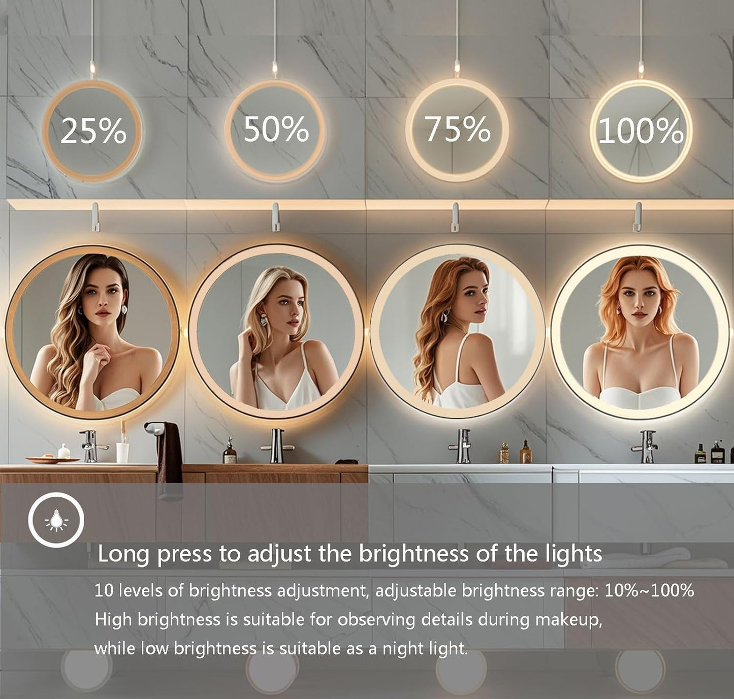 28 Inch Wall-Mounted Round Bathroom Mirror with LED-Lights - Frame Vanity Mirrors (28" x 28", Black)