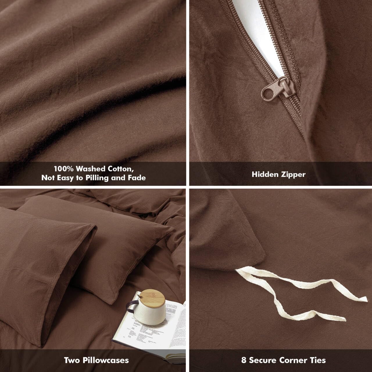 FOSSA Duvet Cover Set 100% Washed Cotton Linen Feel Super Soft Breathable Cozy Simple Style 3 Pieces Bedding Sets Solid Cocoa Brown Super King Plus