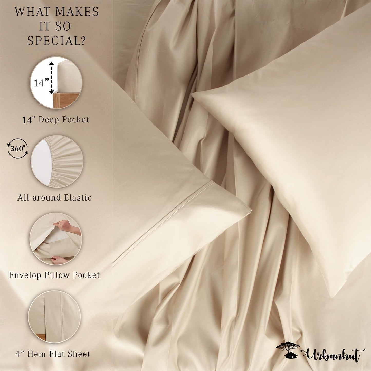 URBANHUT 700 Thread Count Egyptian Cotton Sheets Full Size, 4Pc Sheet Set Soft Luxury Bed Sheets for Full Size Bed, Sateen Weave Hotel Sheets, 14'' Elasticized Deep Pocket - Sand