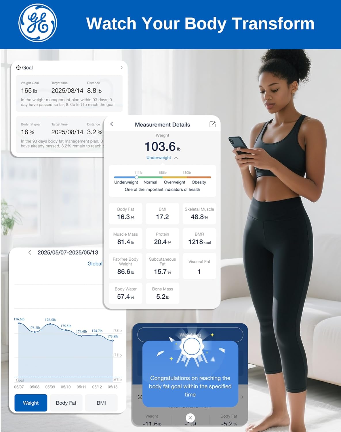 GE Smart Scale for Body Fat, BMI Muscle Mass Digital Bathroom Weight Scales Bluetooth Electronic Body Composition Monitor for People with App Large Display, Accurate 400lb Weighing